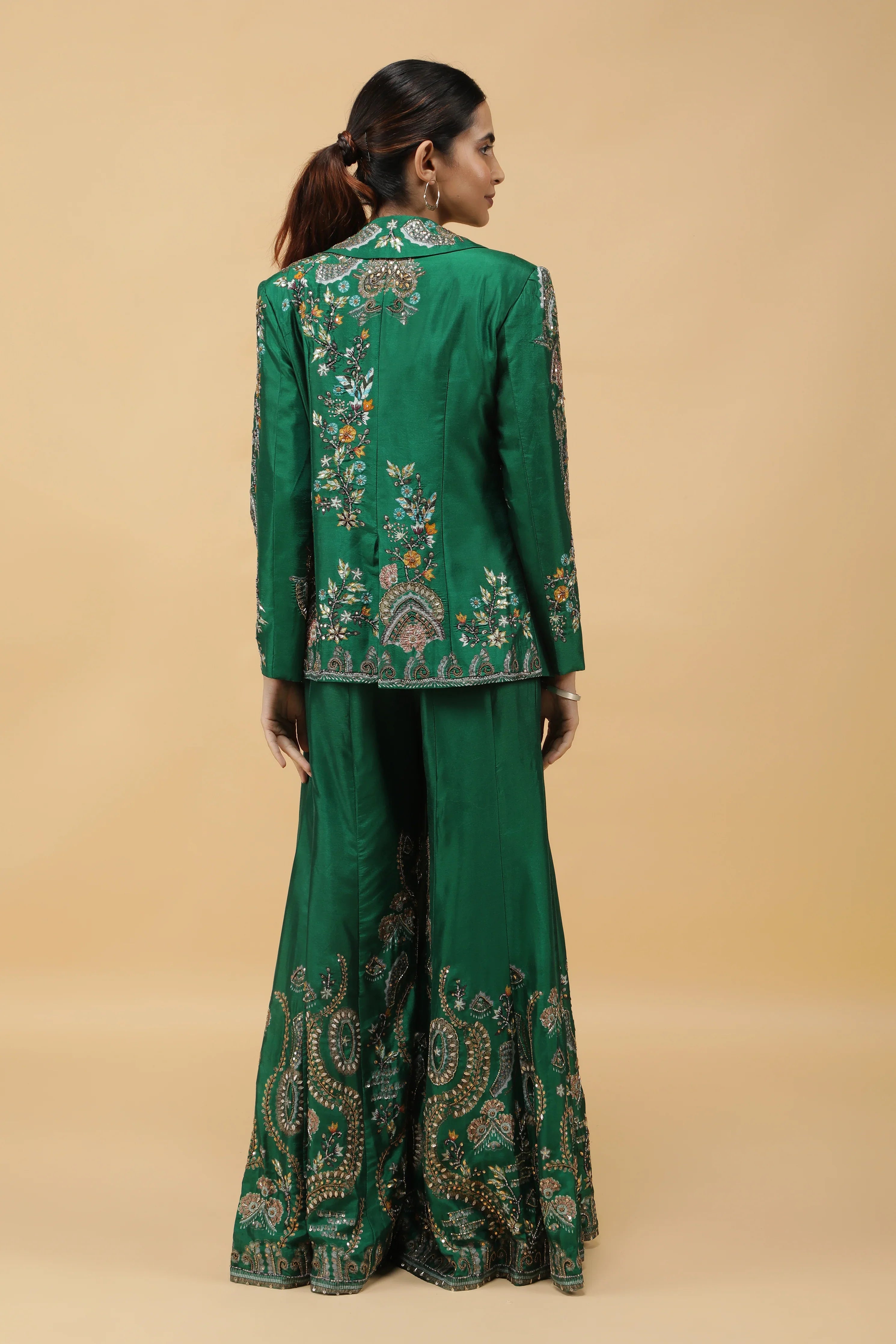 Emerald Silk Printed Blazer Indowestern Set - Mokshaa