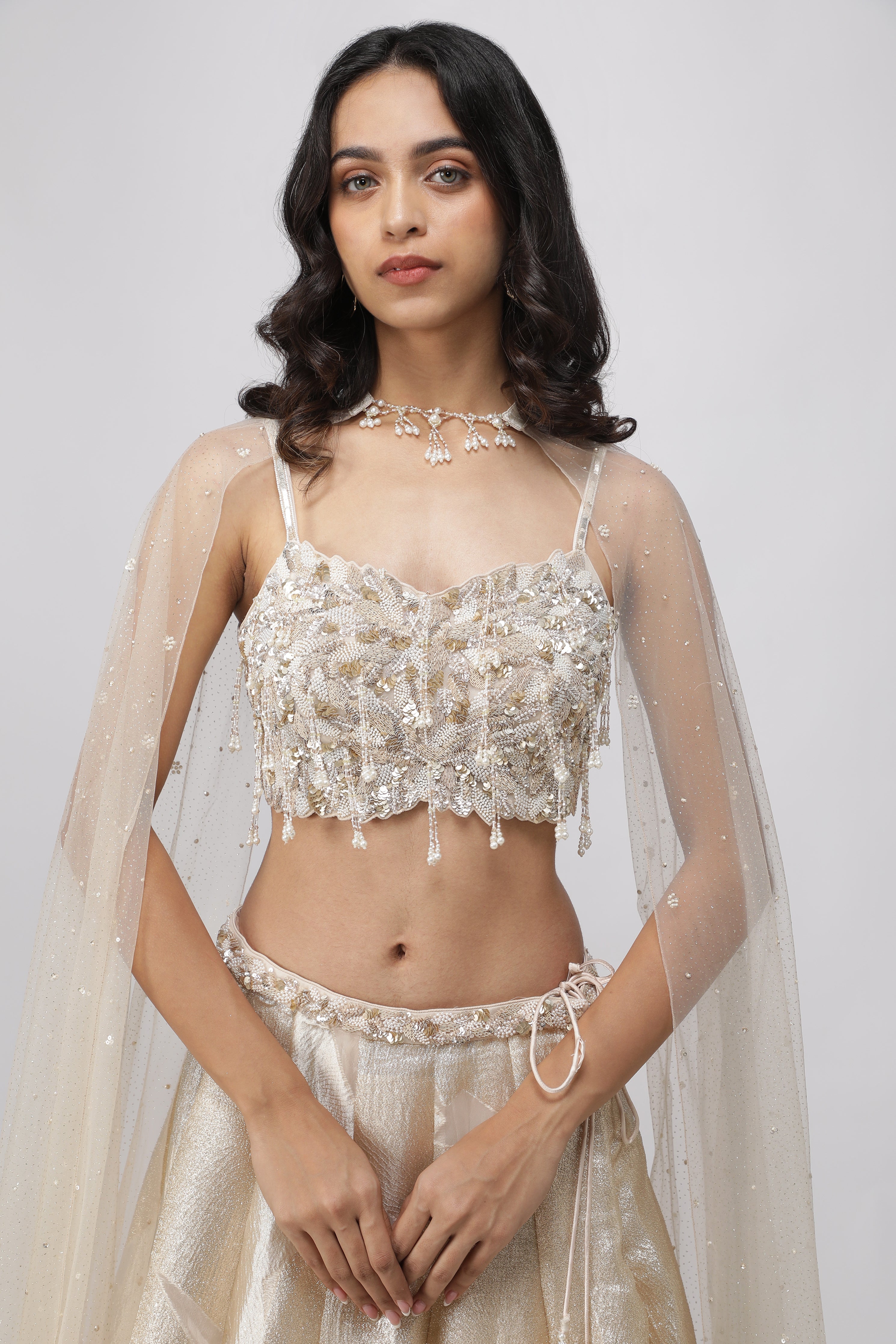Off-White Gold & Silver Woven Organza Crop Top Lehenga Set - Mokshaa