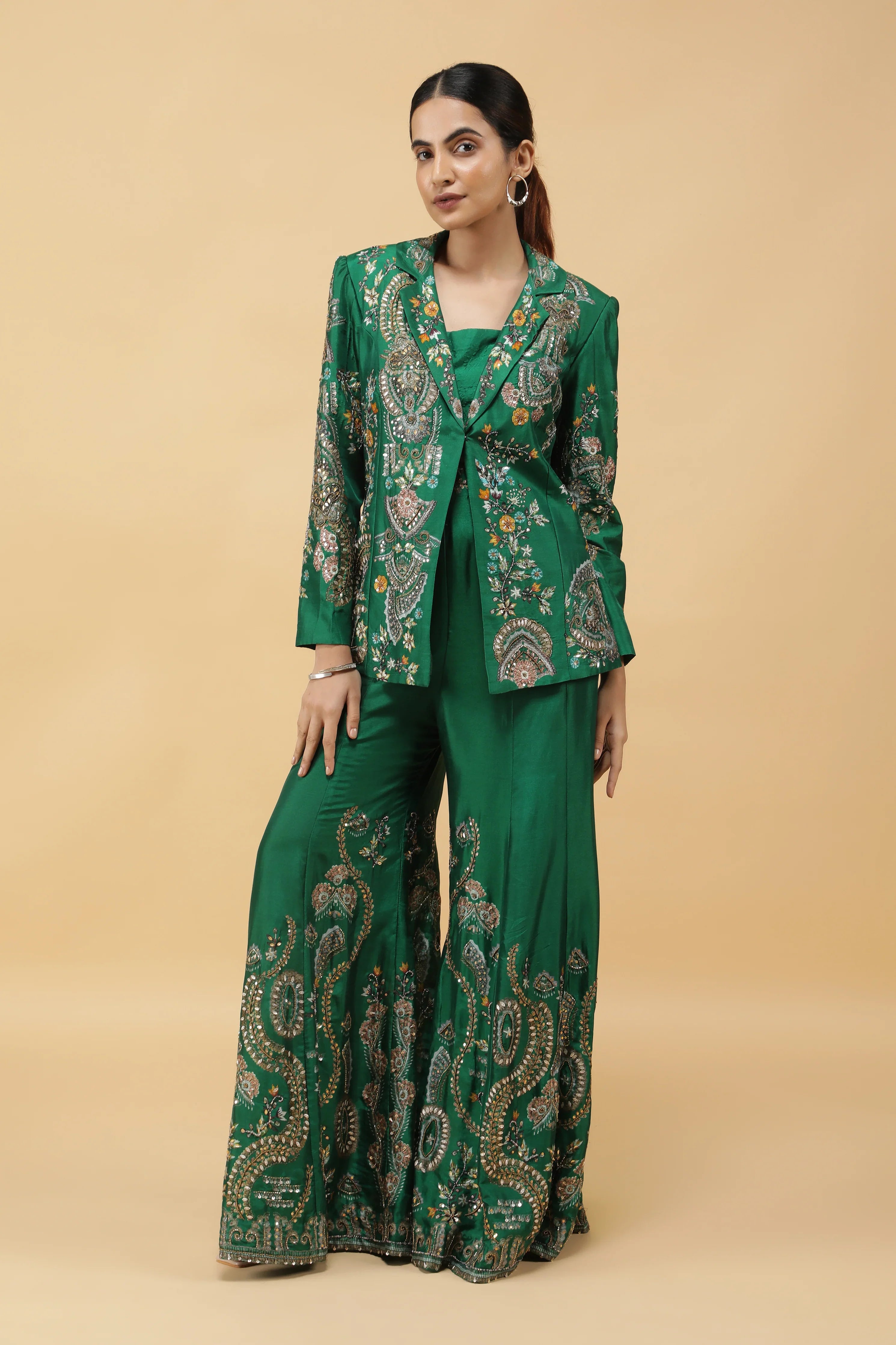 Emerald Silk Printed Blazer Indowestern Set - Mokshaa