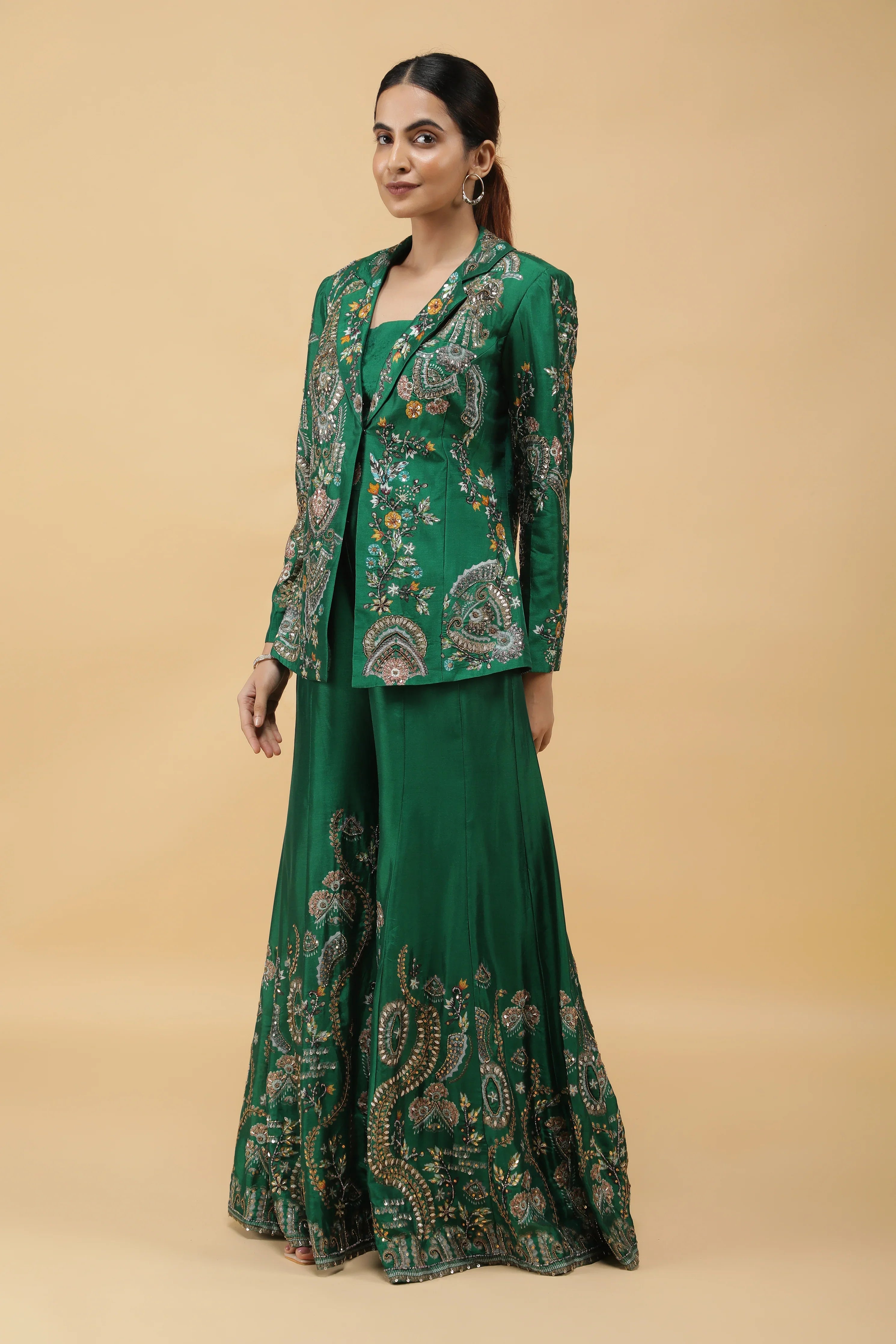 Emerald Silk Printed Blazer Indowestern Set - Mokshaa