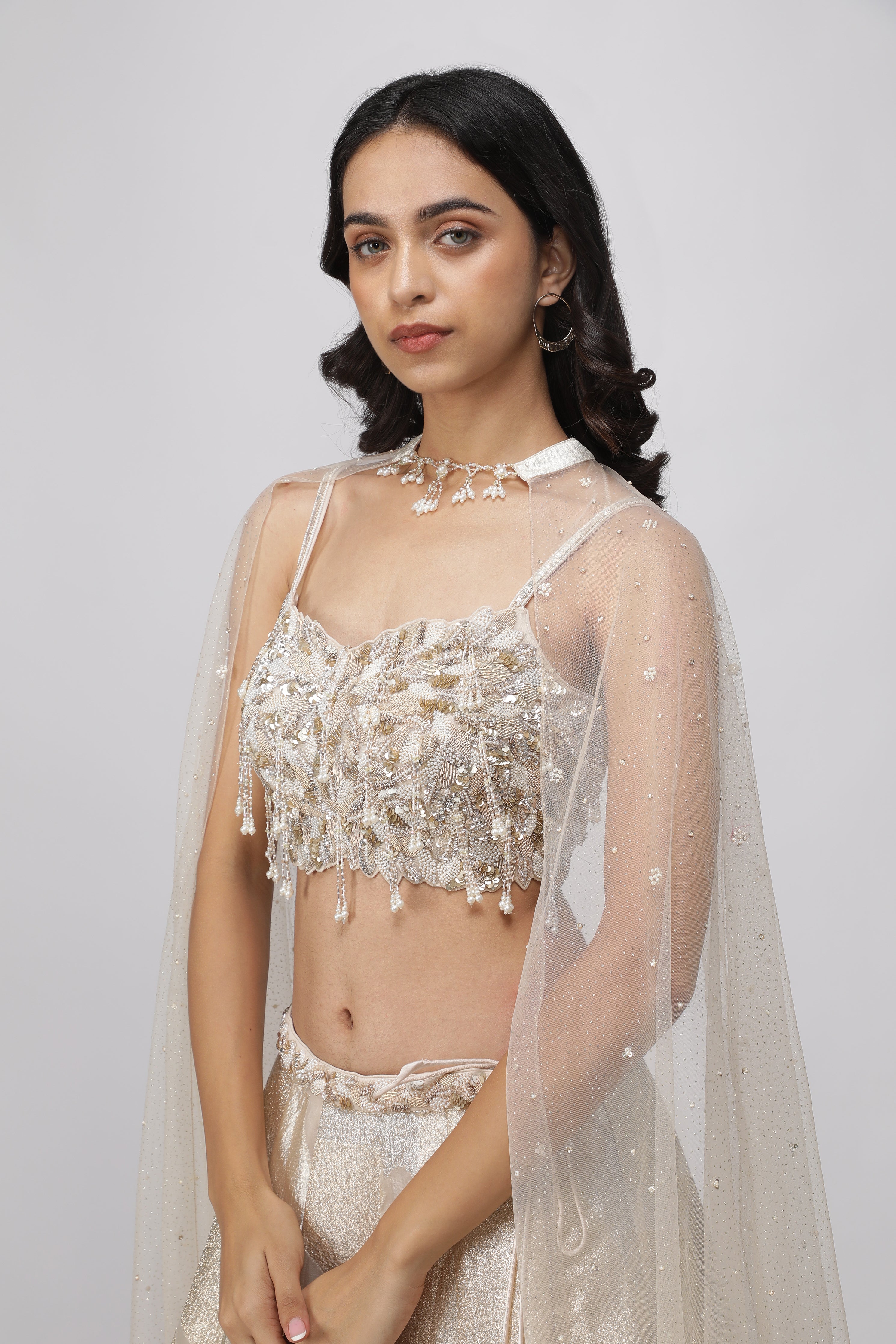 Off-White Gold & Silver Woven Organza Crop Top Lehenga Set - Mokshaa