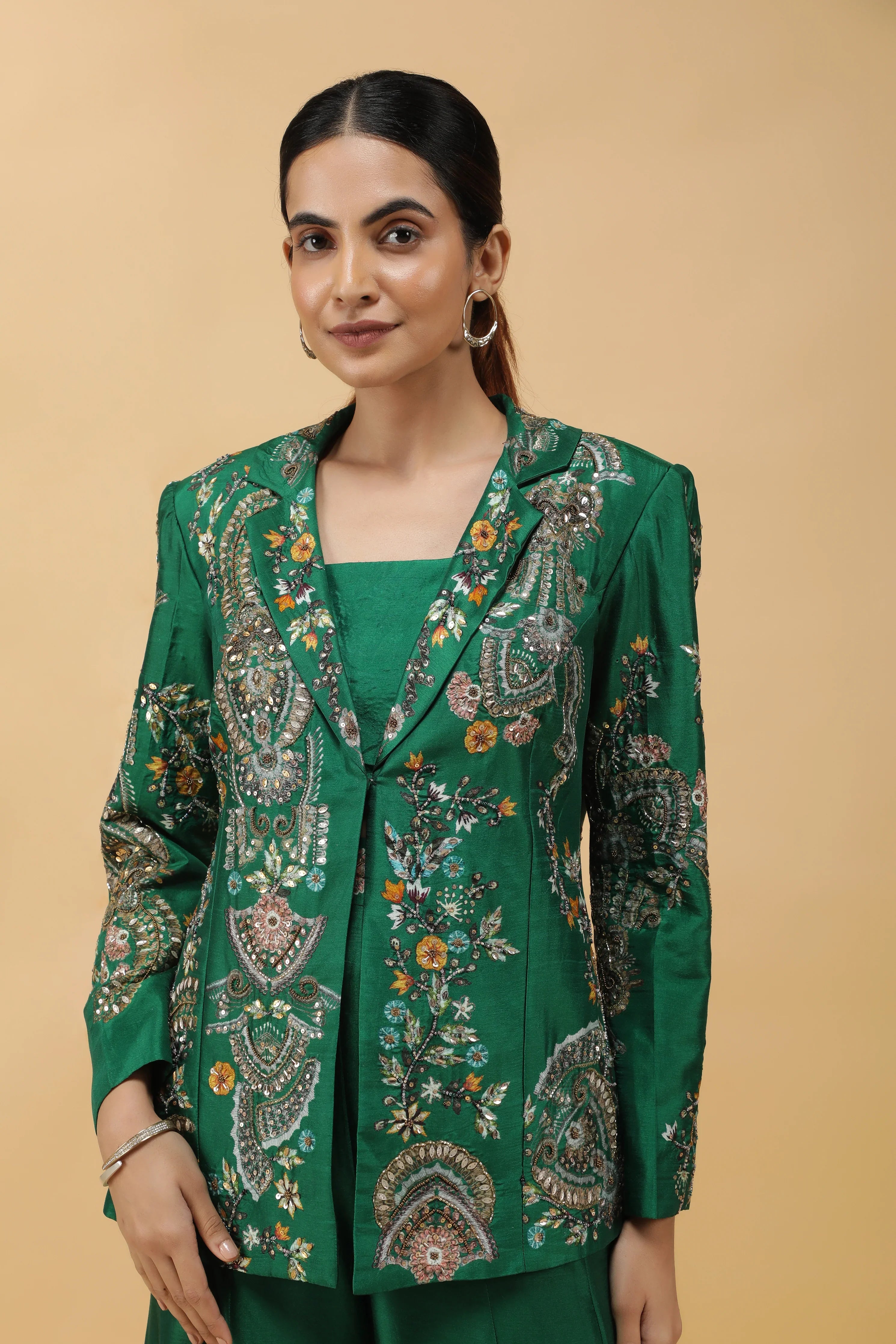 Emerald Silk Printed Blazer Indowestern Set - Mokshaa