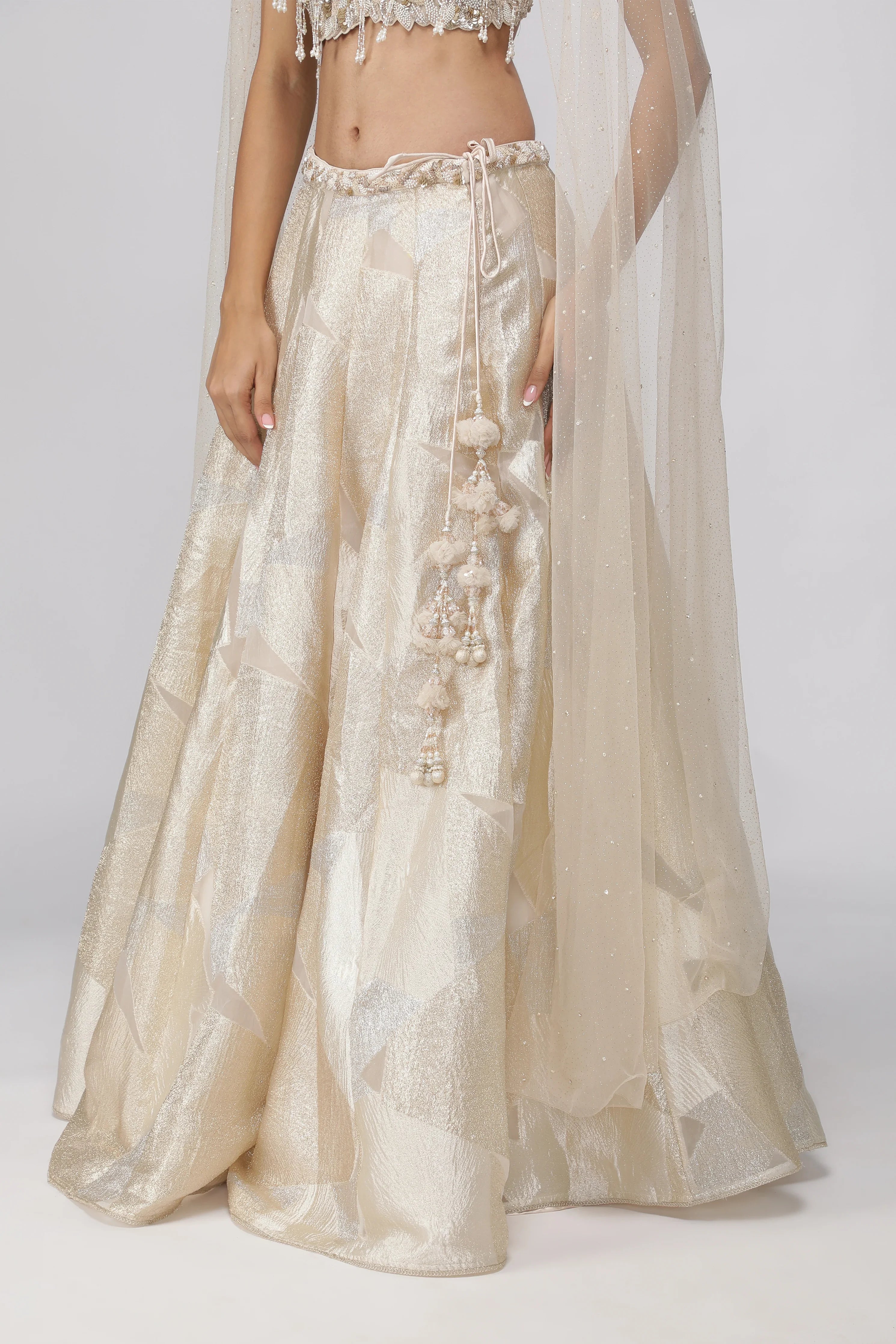 Off-White Gold & Silver Woven Organza Crop Top Lehenga Set - Mokshaa