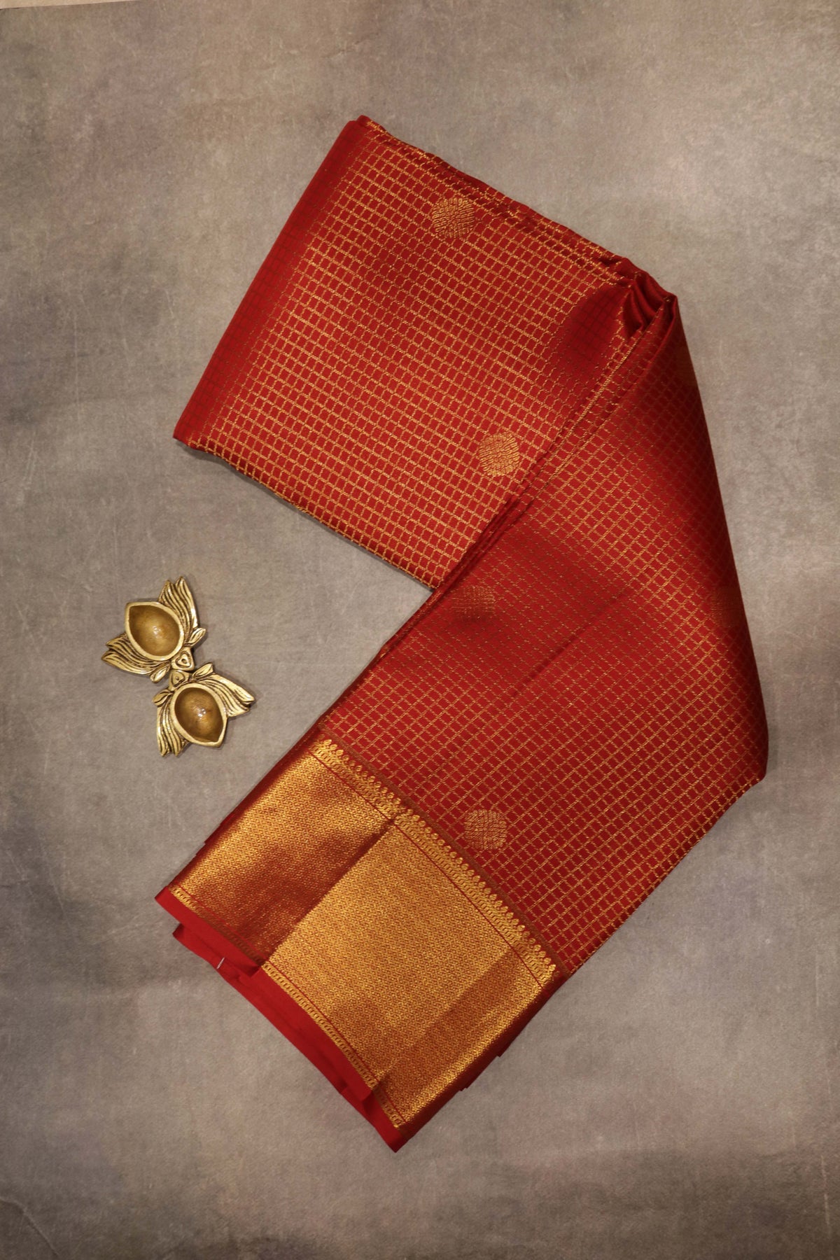 Red Kanchivaram Silk Checked Zari Saree - Mokshaa