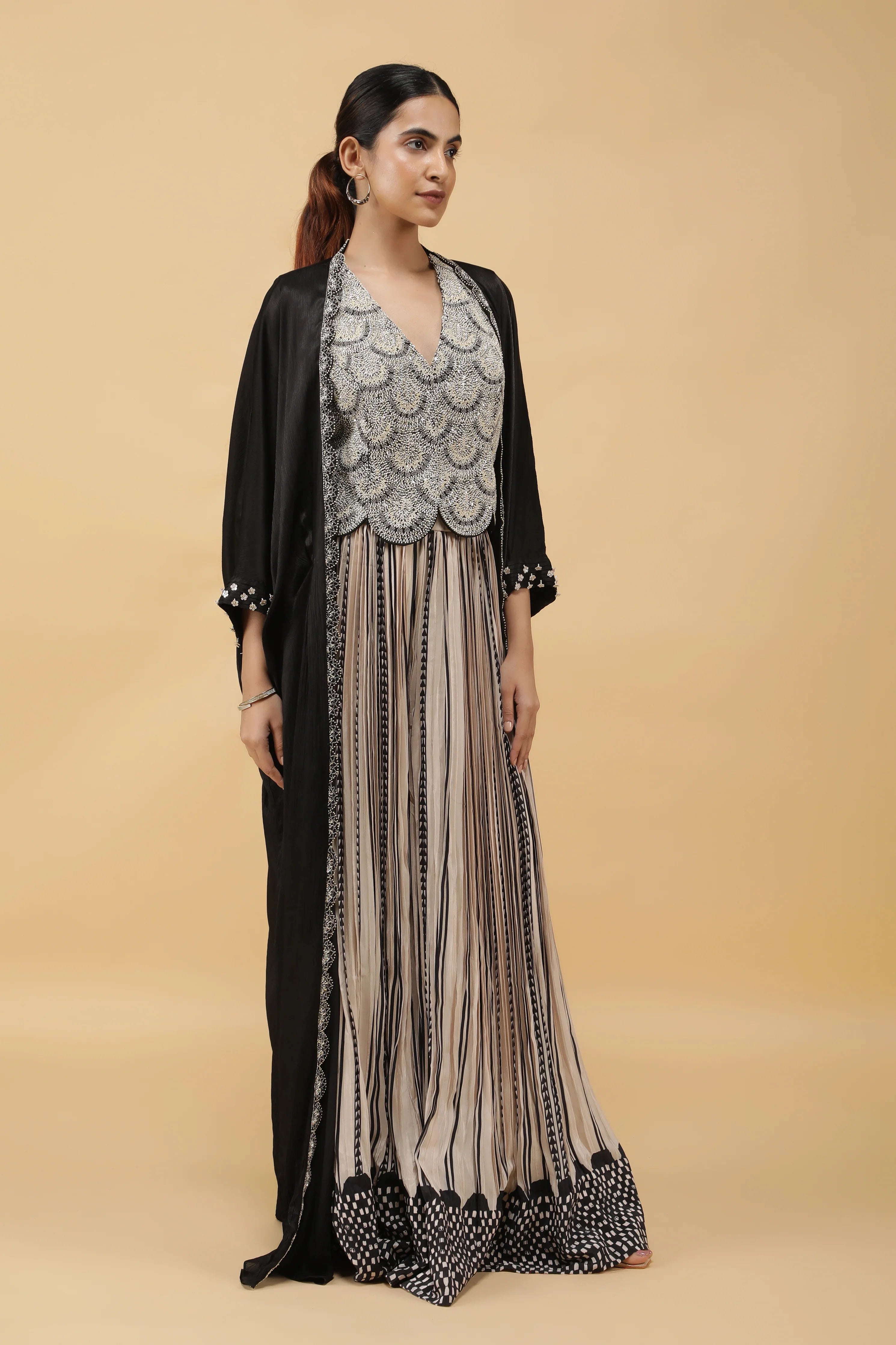 Monochrome Printed Crepe Indowestern Set - Mokshaa
