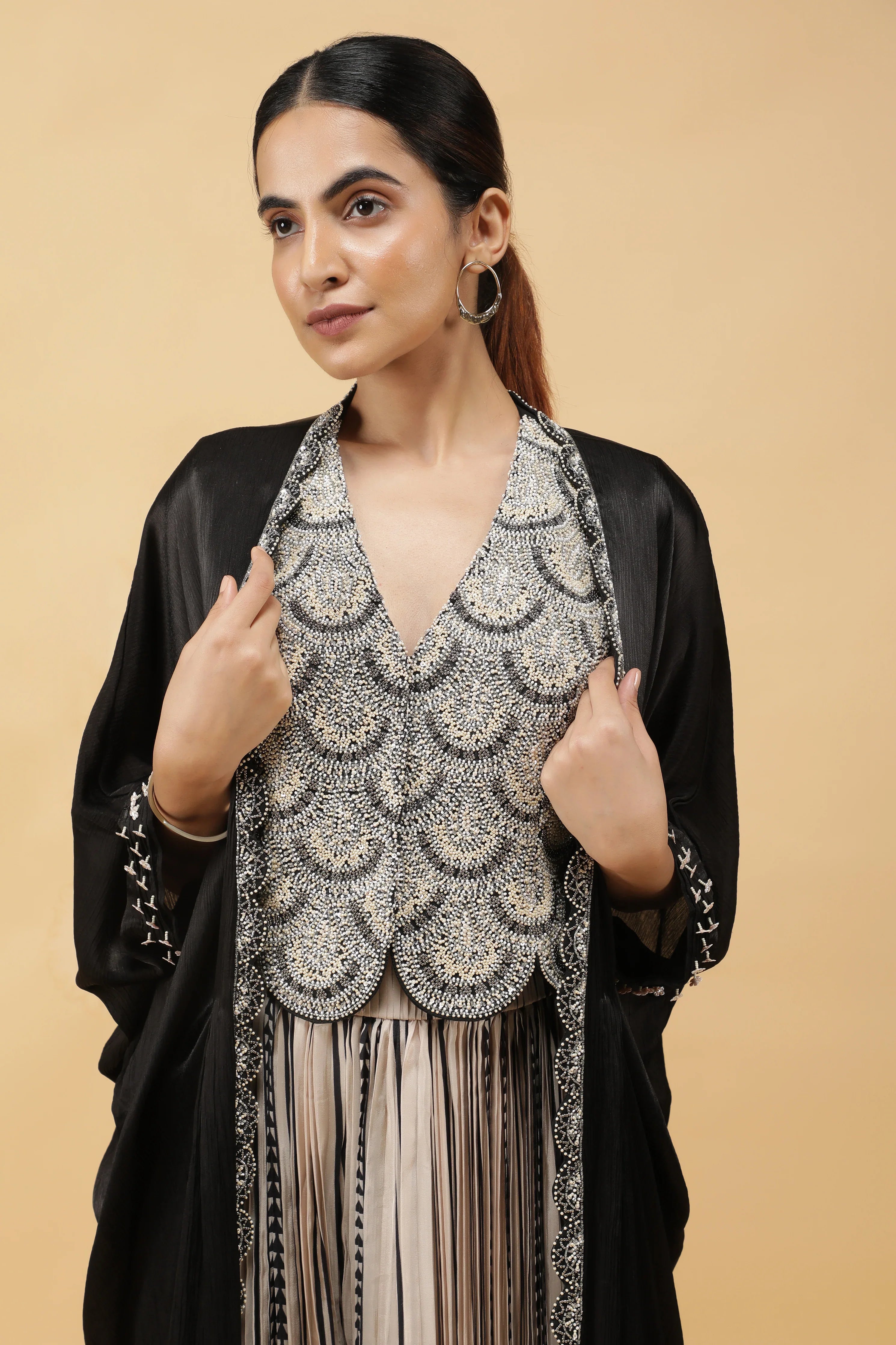 Monochrome Printed Crepe Indowestern Set - Mokshaa