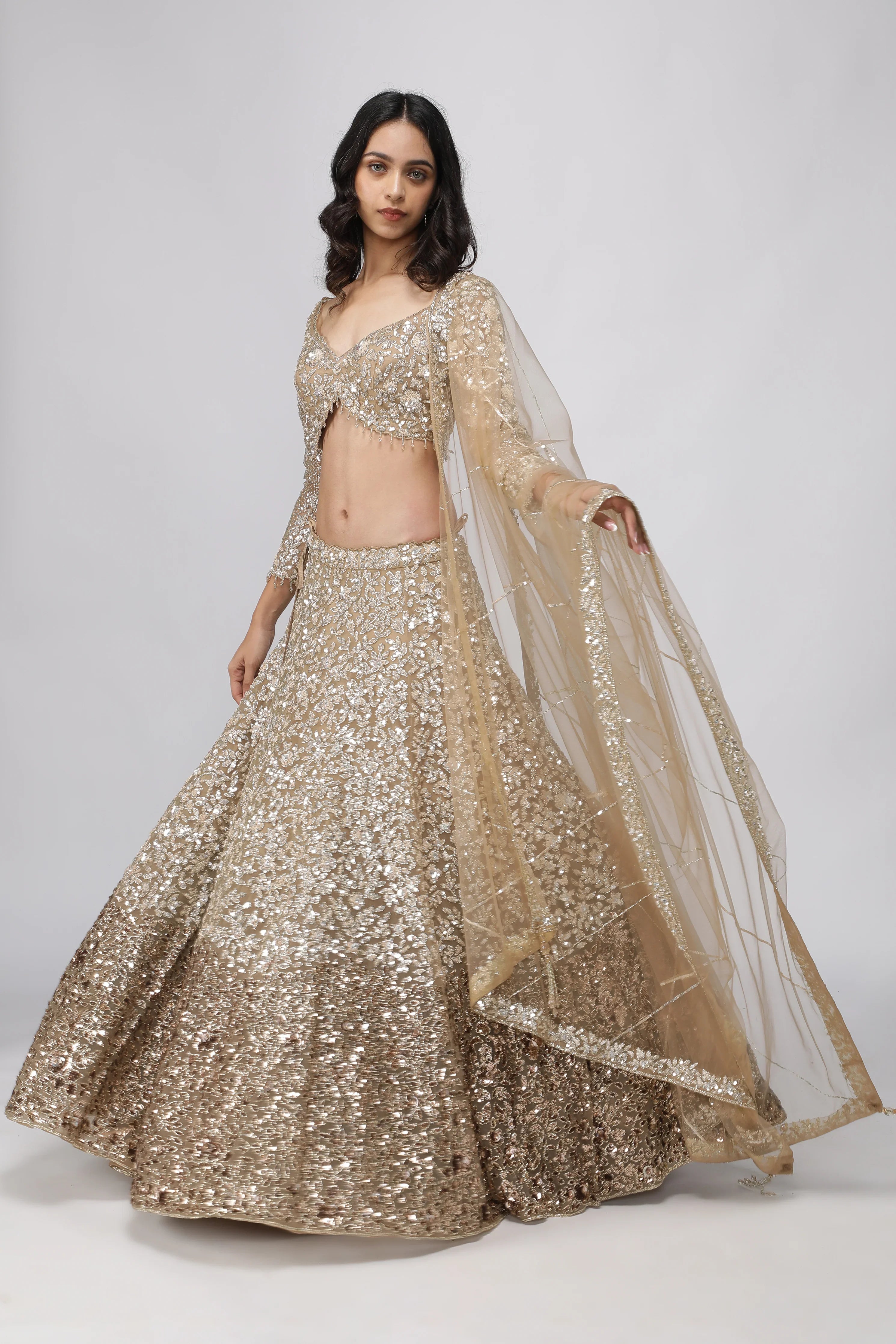 Dark Gold Net Lehenga Set - Mokshaa