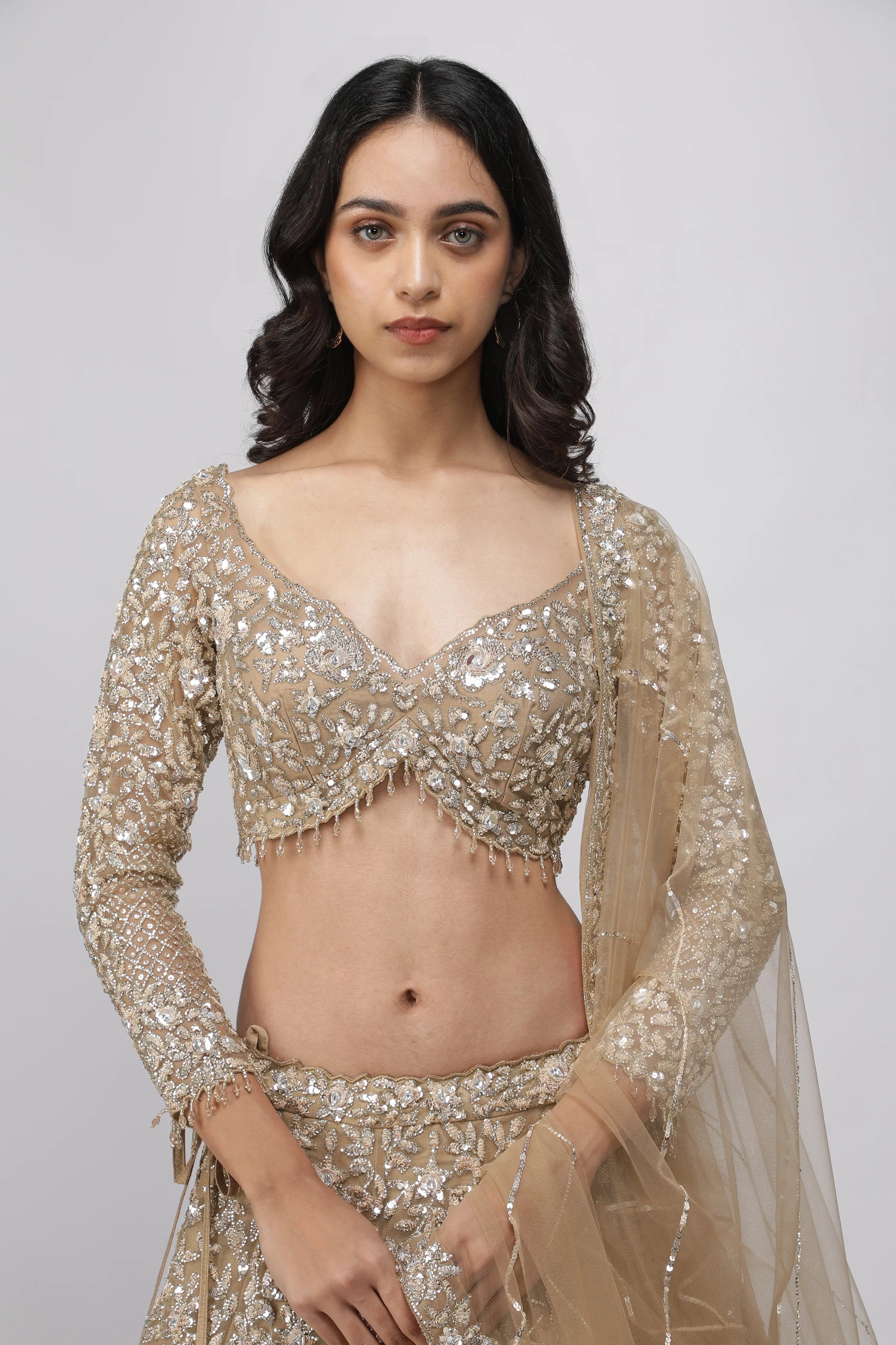 Dark Gold Net Lehenga Set - Mokshaa