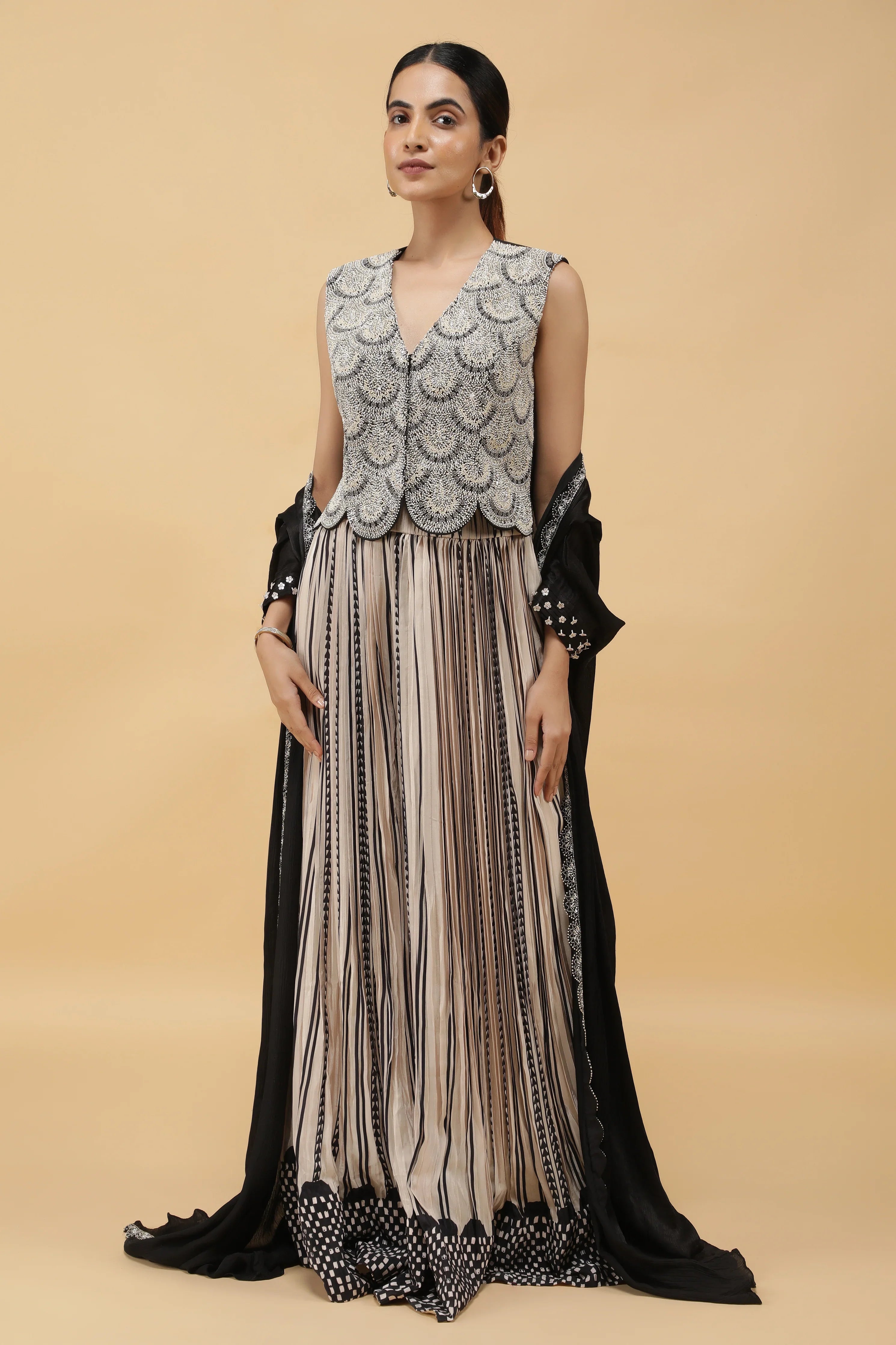 Monochrome Printed Crepe Indowestern Set - Mokshaa