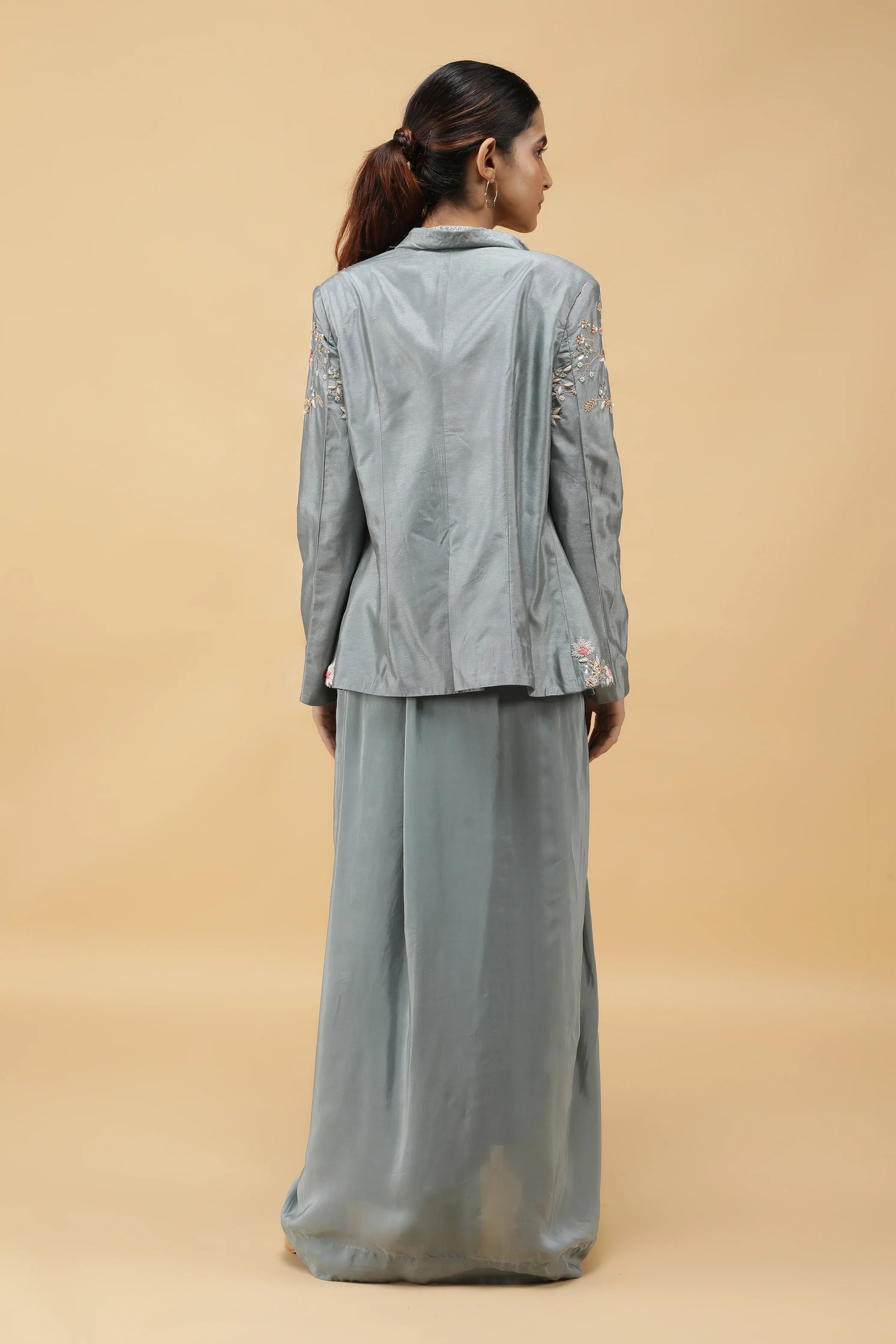 Smoky Blue Embroidered Silk Blazer with Draped Crepe Skirt - Mokshaa