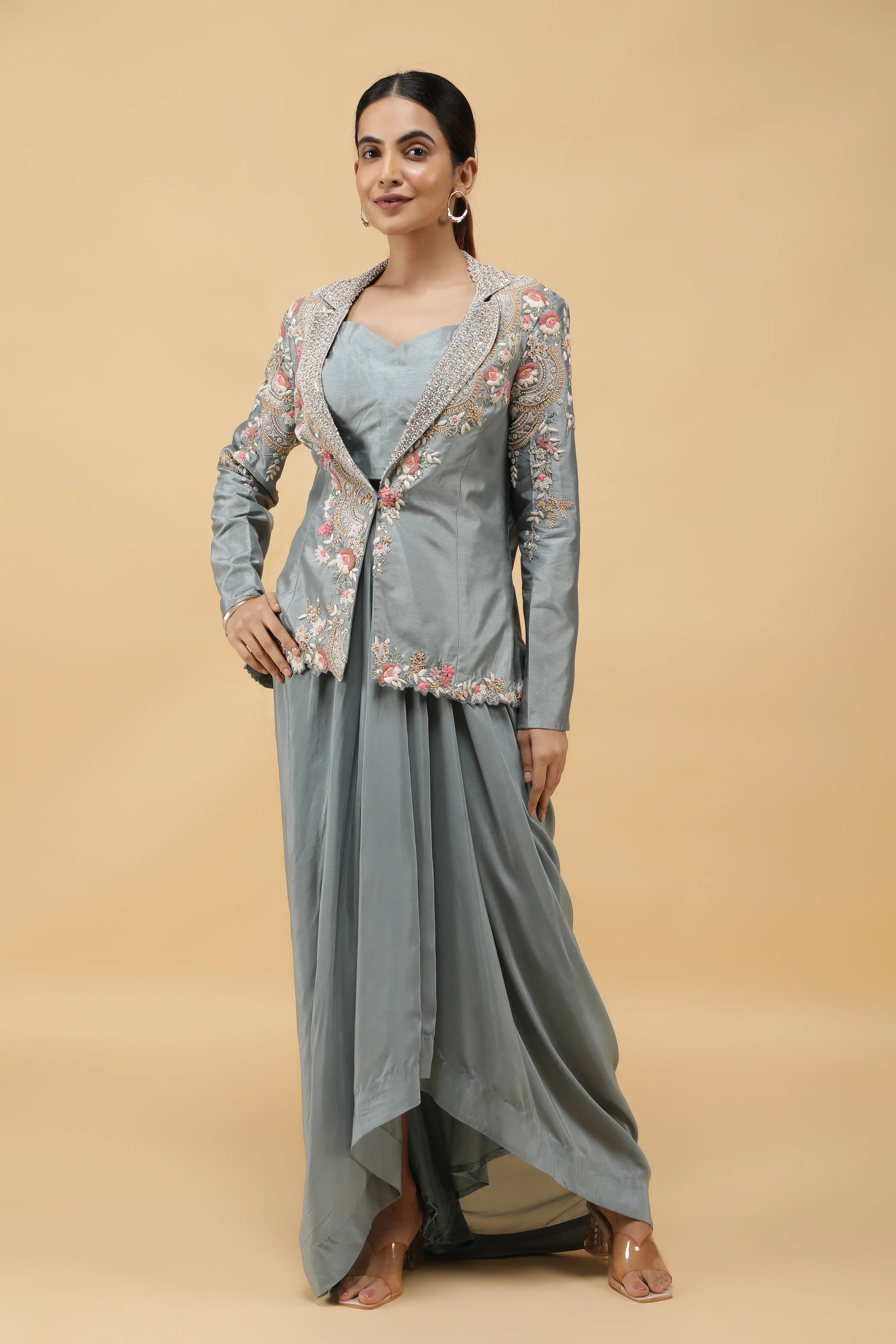 Smoky Blue Embroidered Silk Blazer with Draped Crepe Skirt - Mokshaa