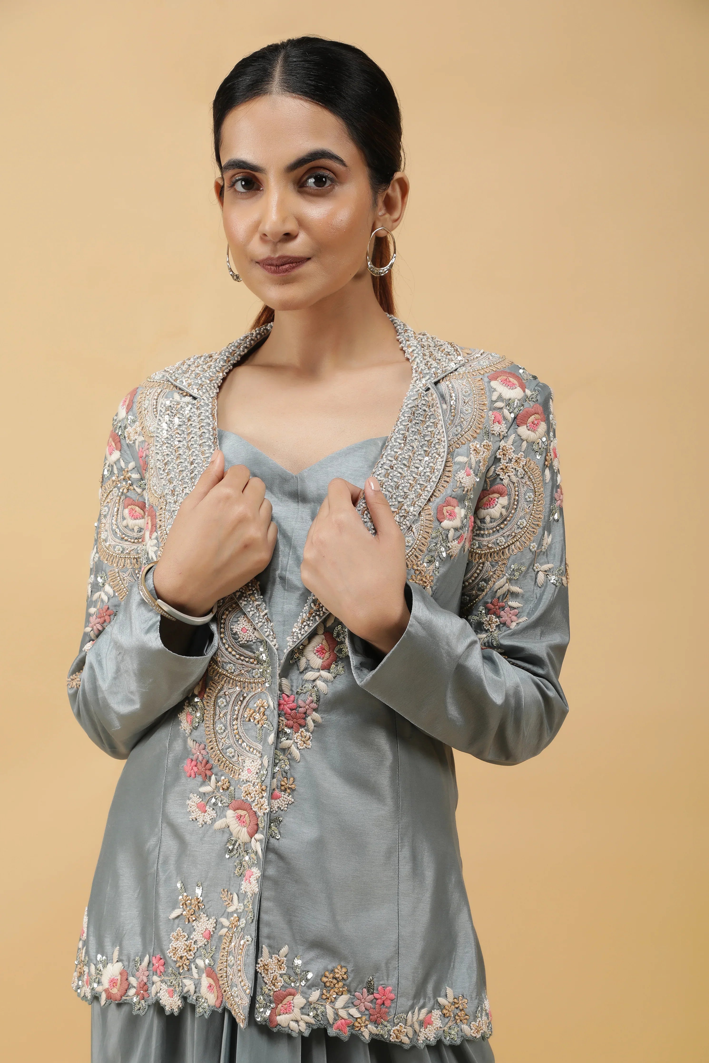 Smoky Blue Embroidered Silk Blazer with Draped Crepe Skirt - Mokshaa