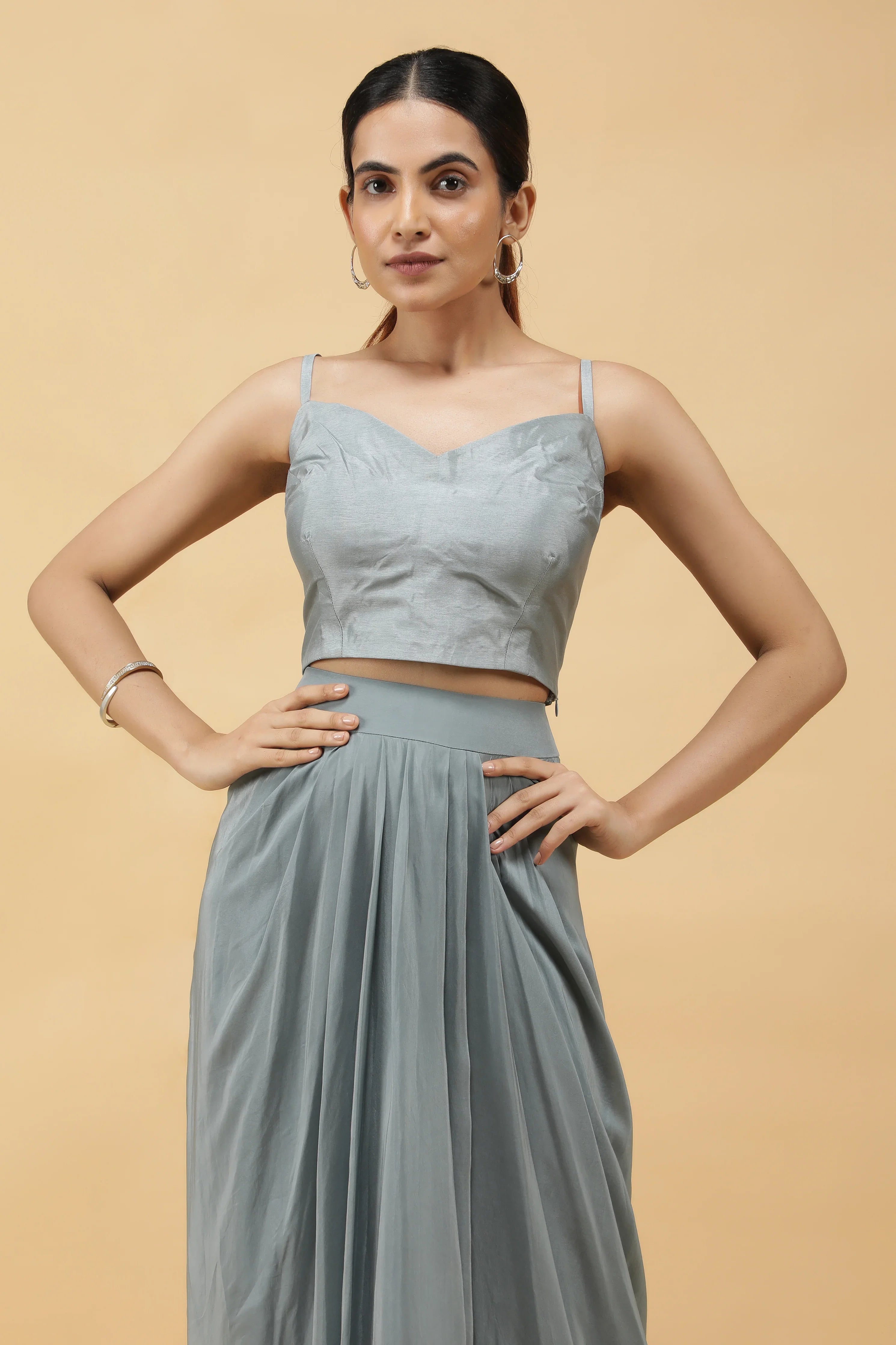 Smoky Blue Embroidered Silk Blazer with Draped Crepe Skirt - Mokshaa