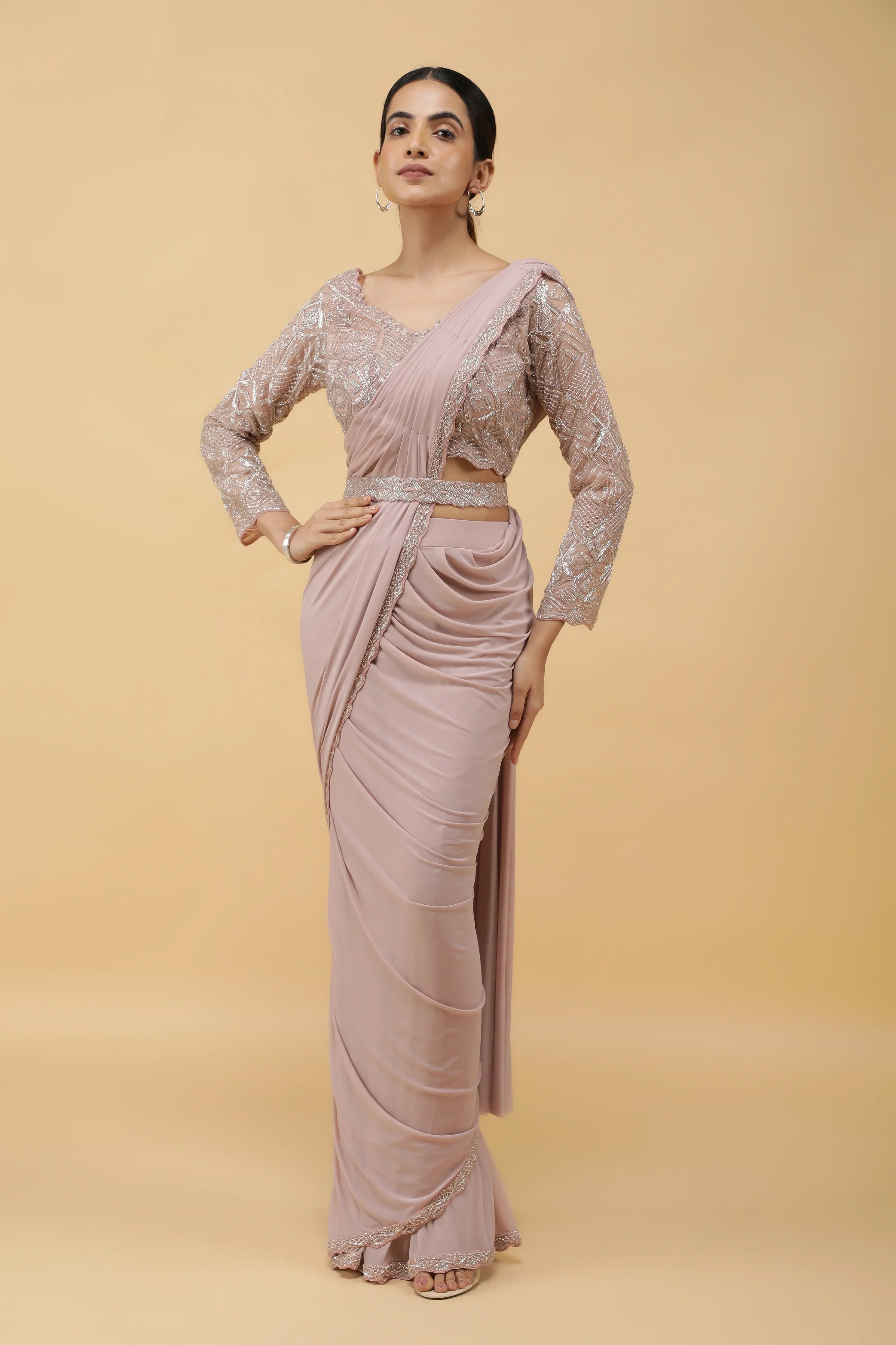 Pastel Mauve Lycra Net Drape Saree with Embroidered Blouse - Mokshaa