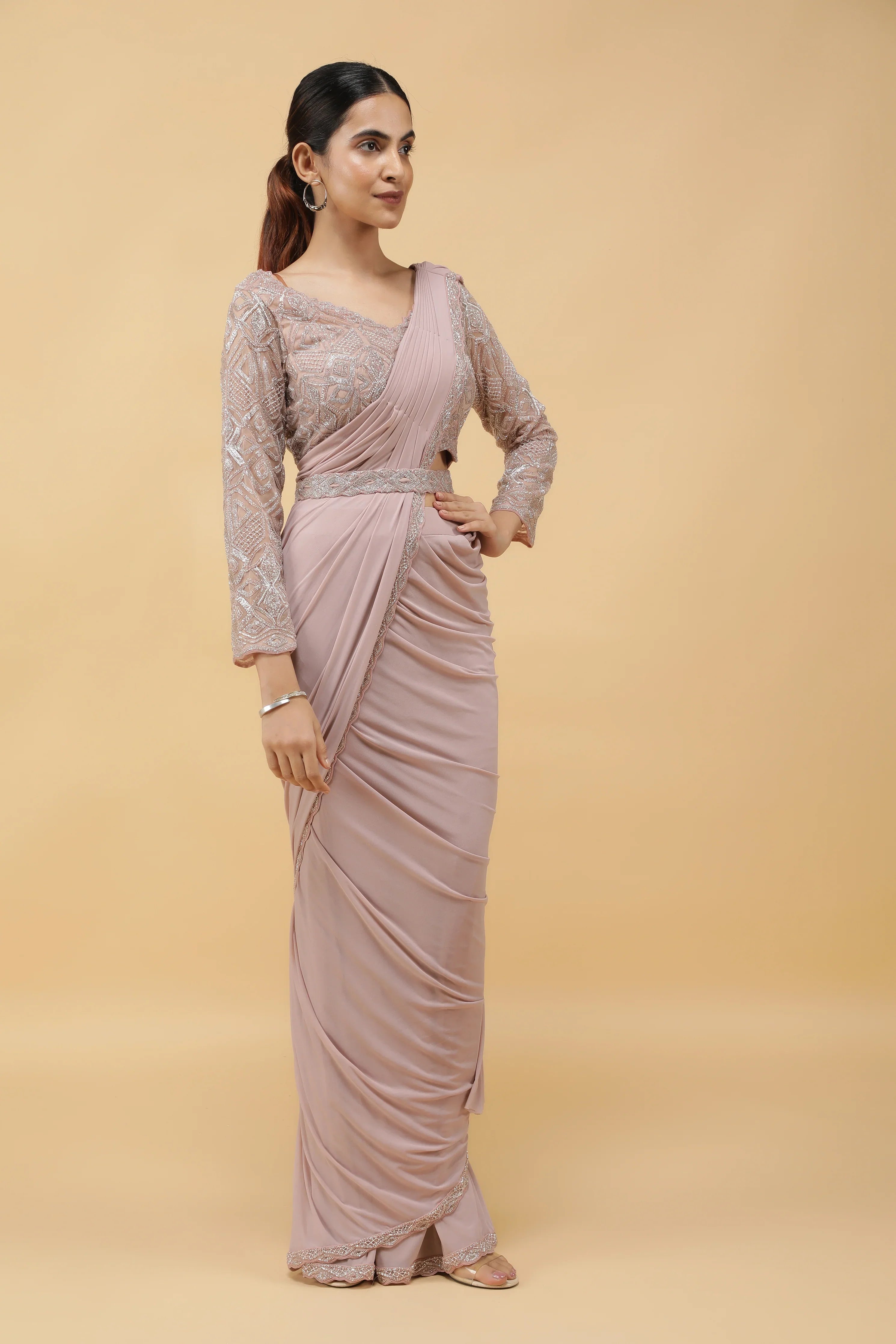 Pastel Mauve Lycra Net Drape Saree with Embroidered Blouse - Mokshaa