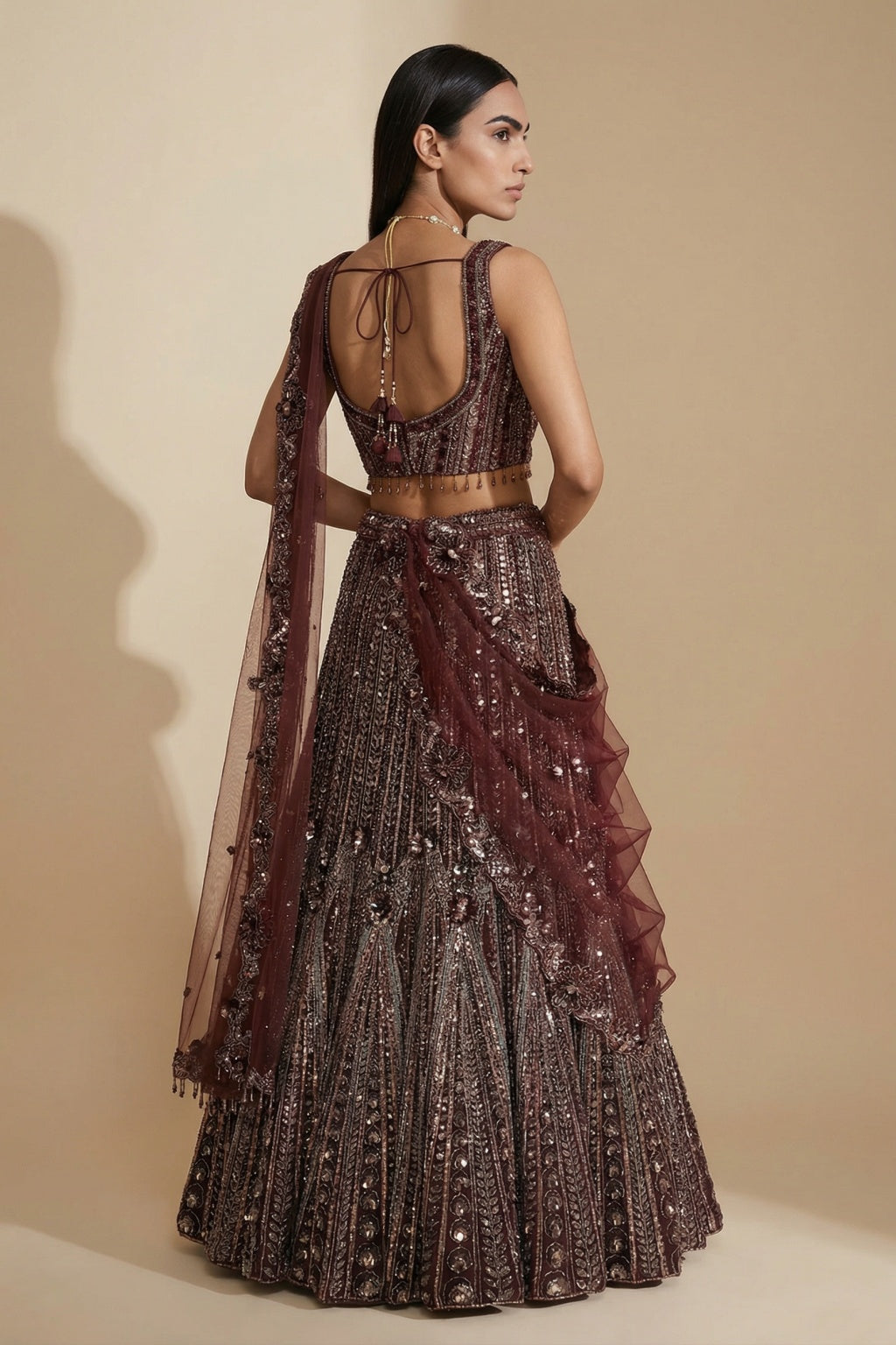 Brown Mermaid Lehenga with Net Dupatta - Mokshaa