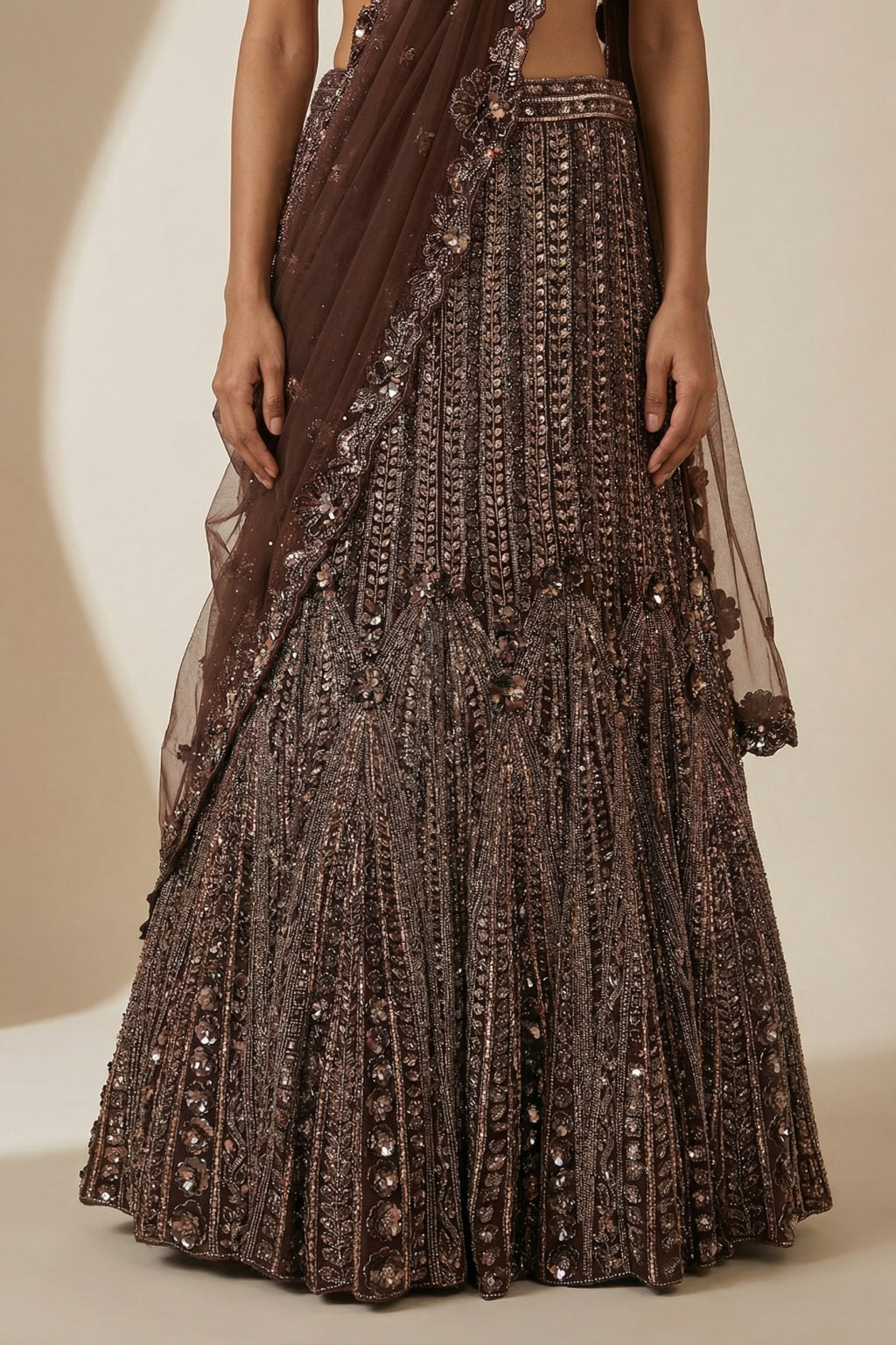 Brown Mermaid Lehenga with Net Dupatta - Mokshaa