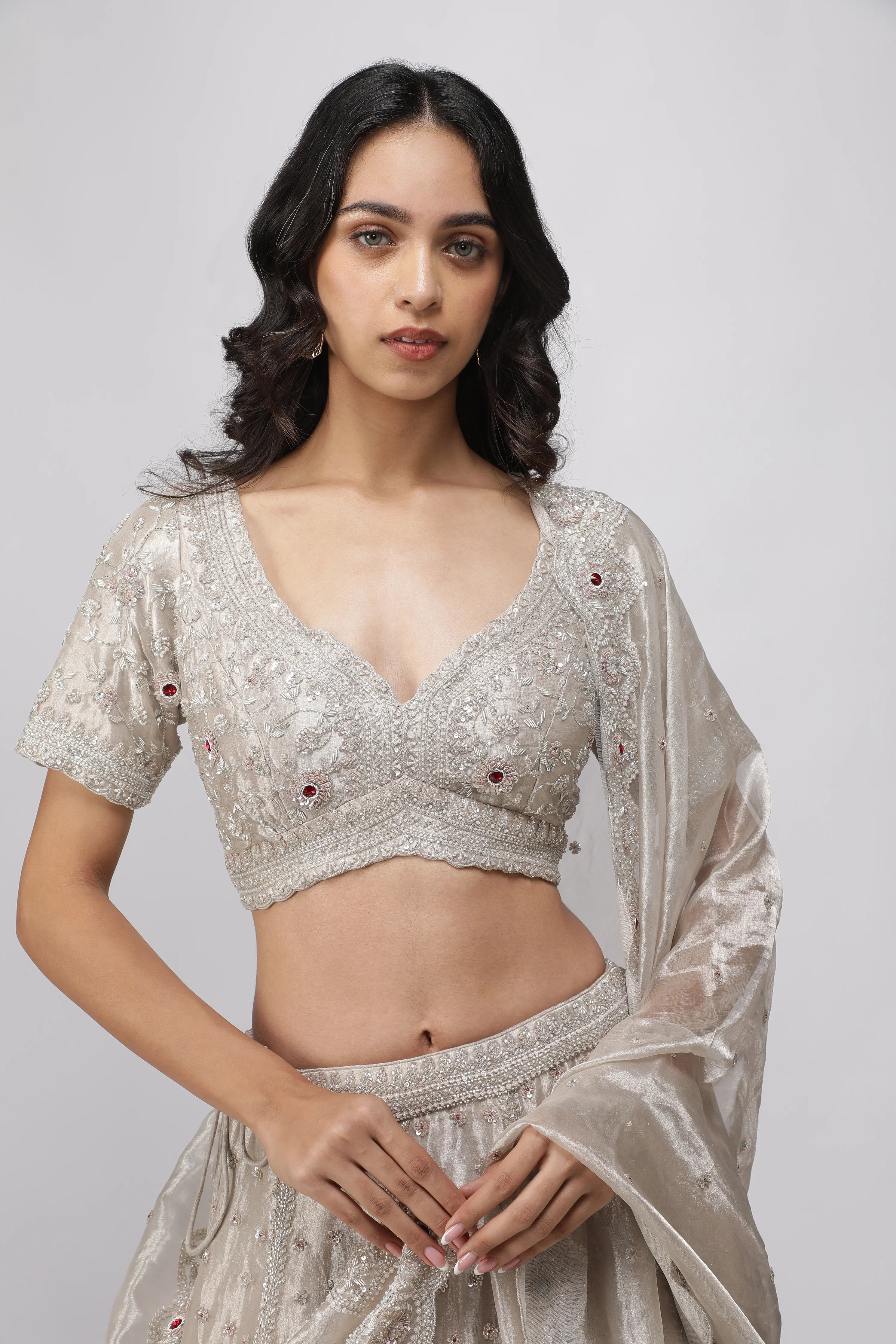 Silver Tissue Organza Lehenga Set - Mokshaa