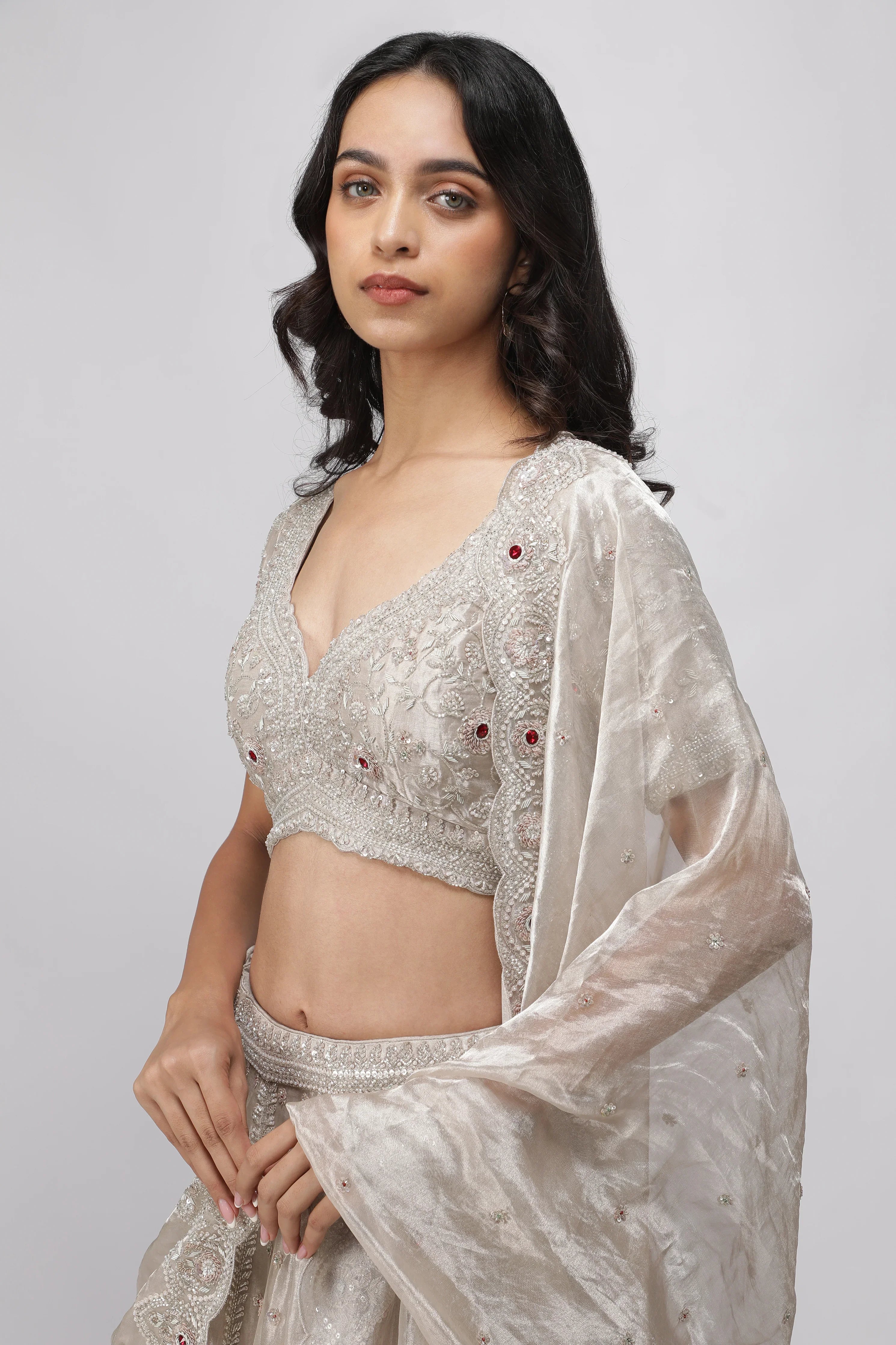 Silver Tissue Organza Lehenga Set - Mokshaa