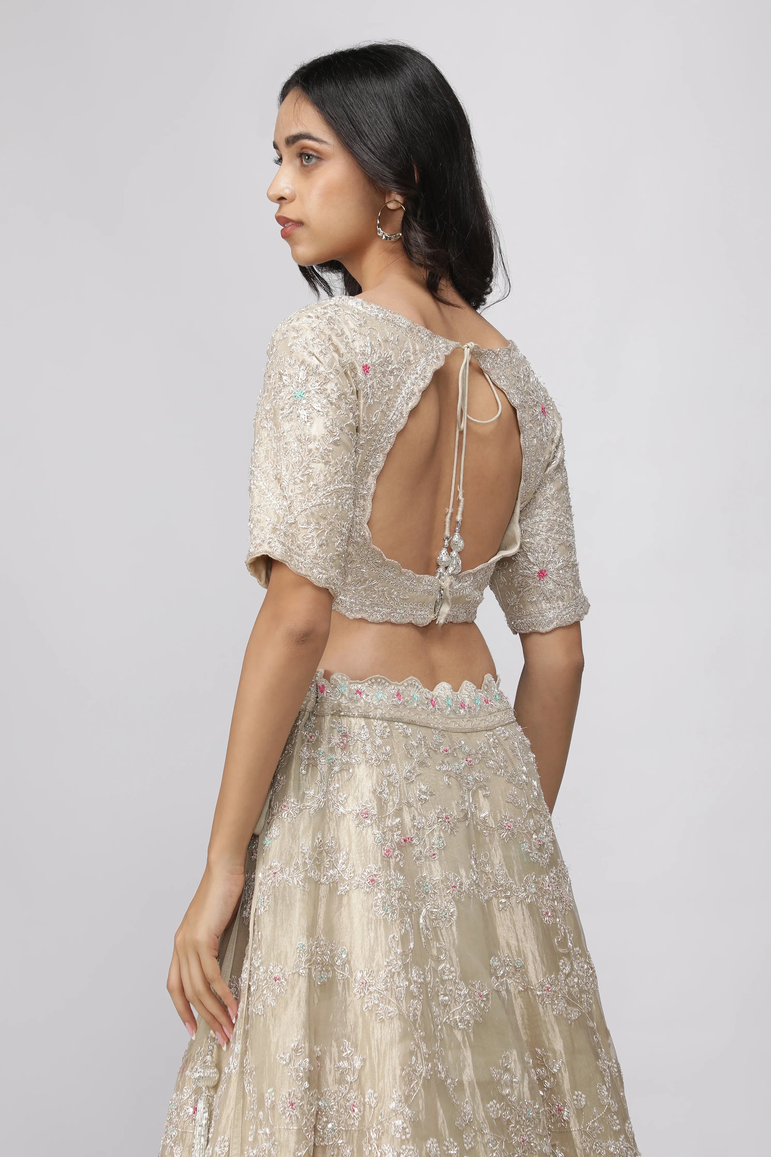 Gold Tissue Organza Embroidered Lehenga Set - Mokshaa