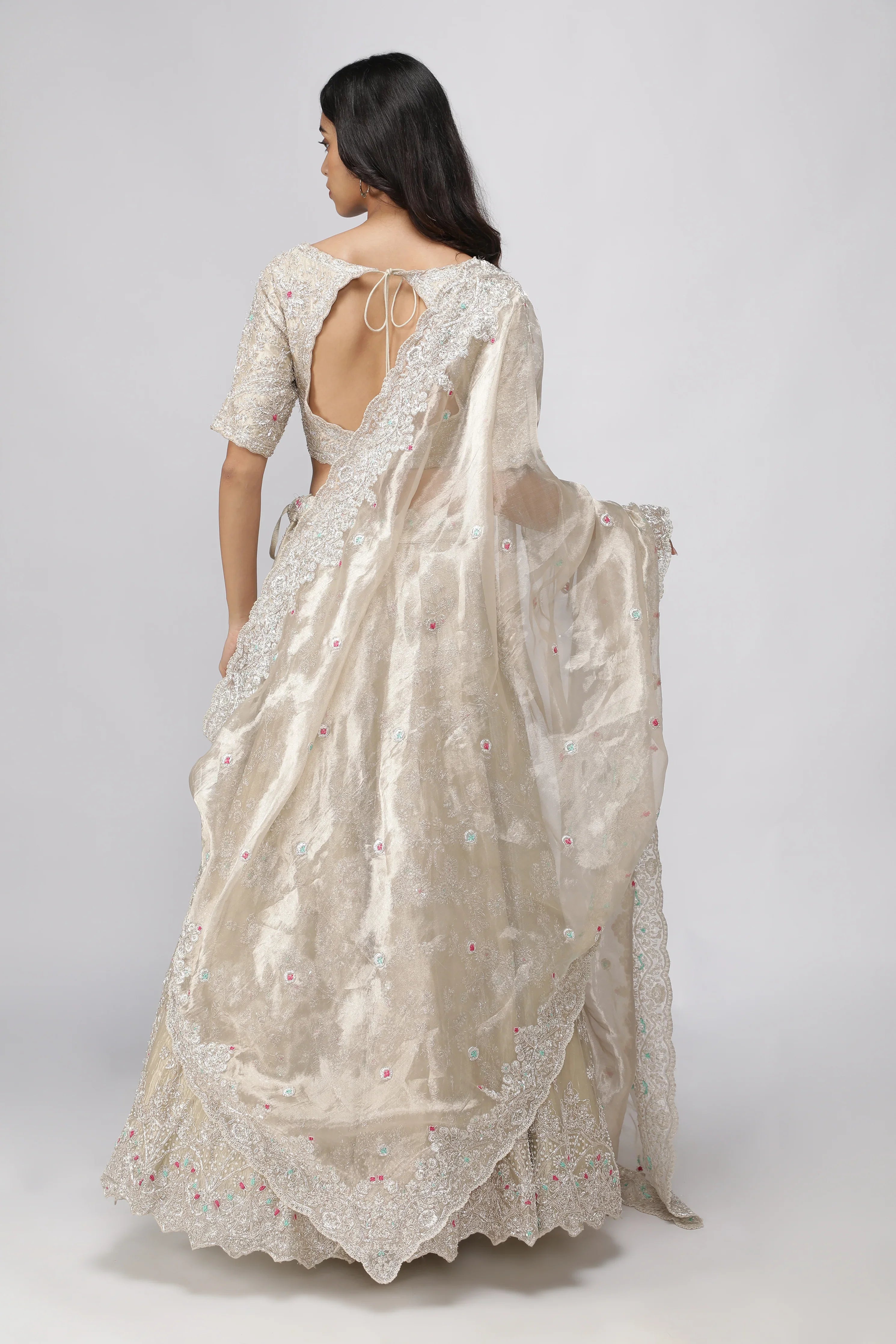 Gold Tissue Organza Embroidered Lehenga Set - Mokshaa