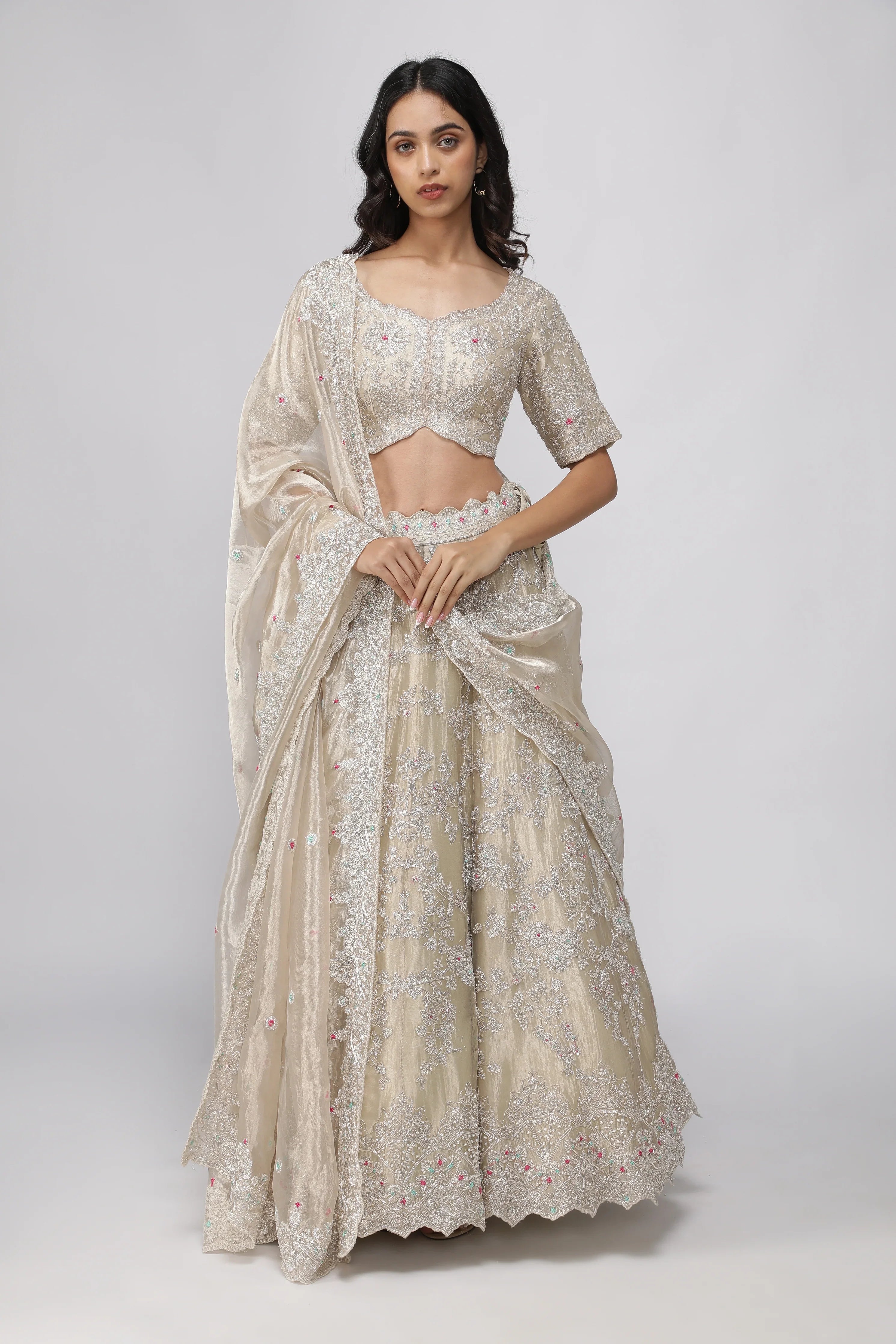 Gold Tissue Organza Embroidered Lehenga Set - Mokshaa