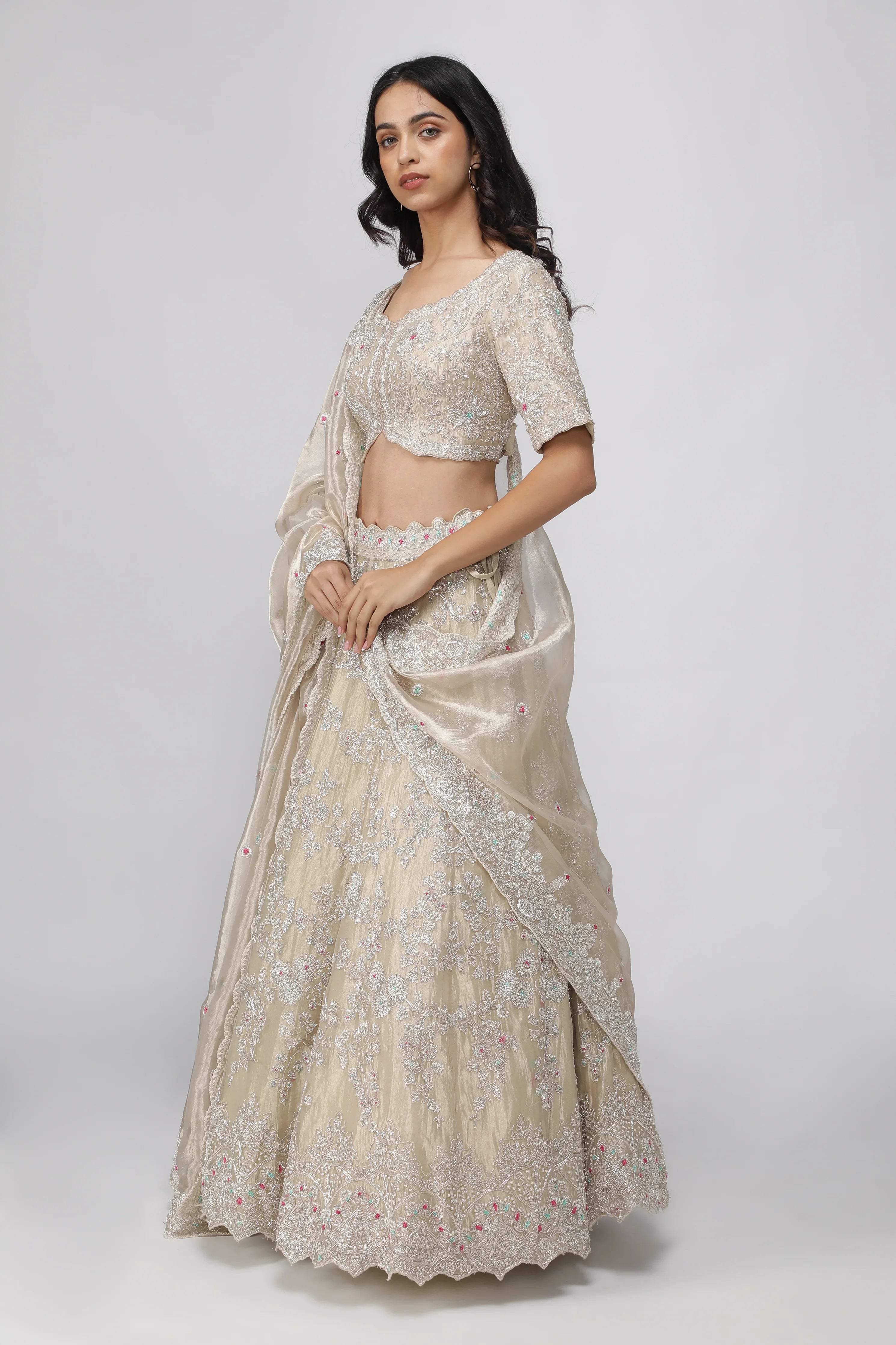 Gold Tissue Organza Embroidered Lehenga Set - Mokshaa