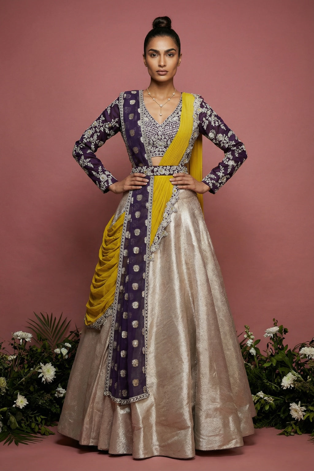Silver Banarasi Brocade Lehenga set - Mokshaa