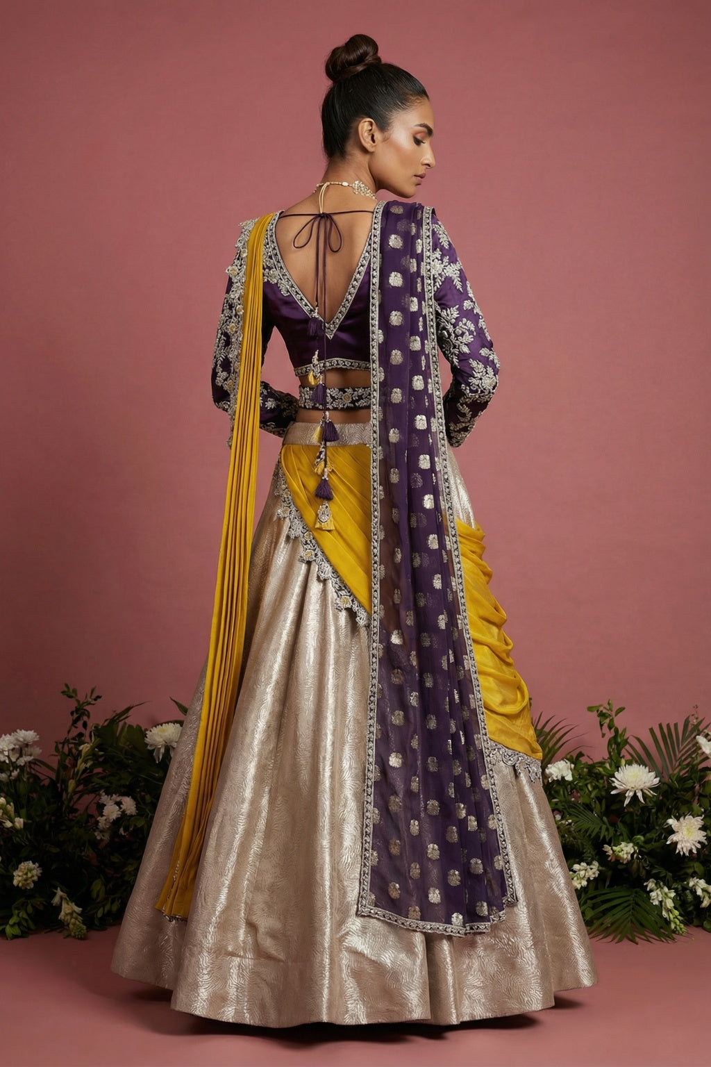 Silver Banarasi Brocade Lehenga set - Mokshaa