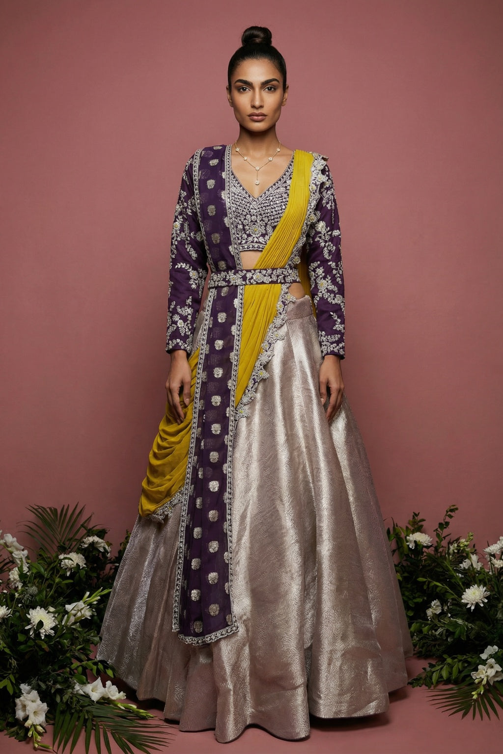 Silver Banarasi Brocade Lehenga set - Mokshaa