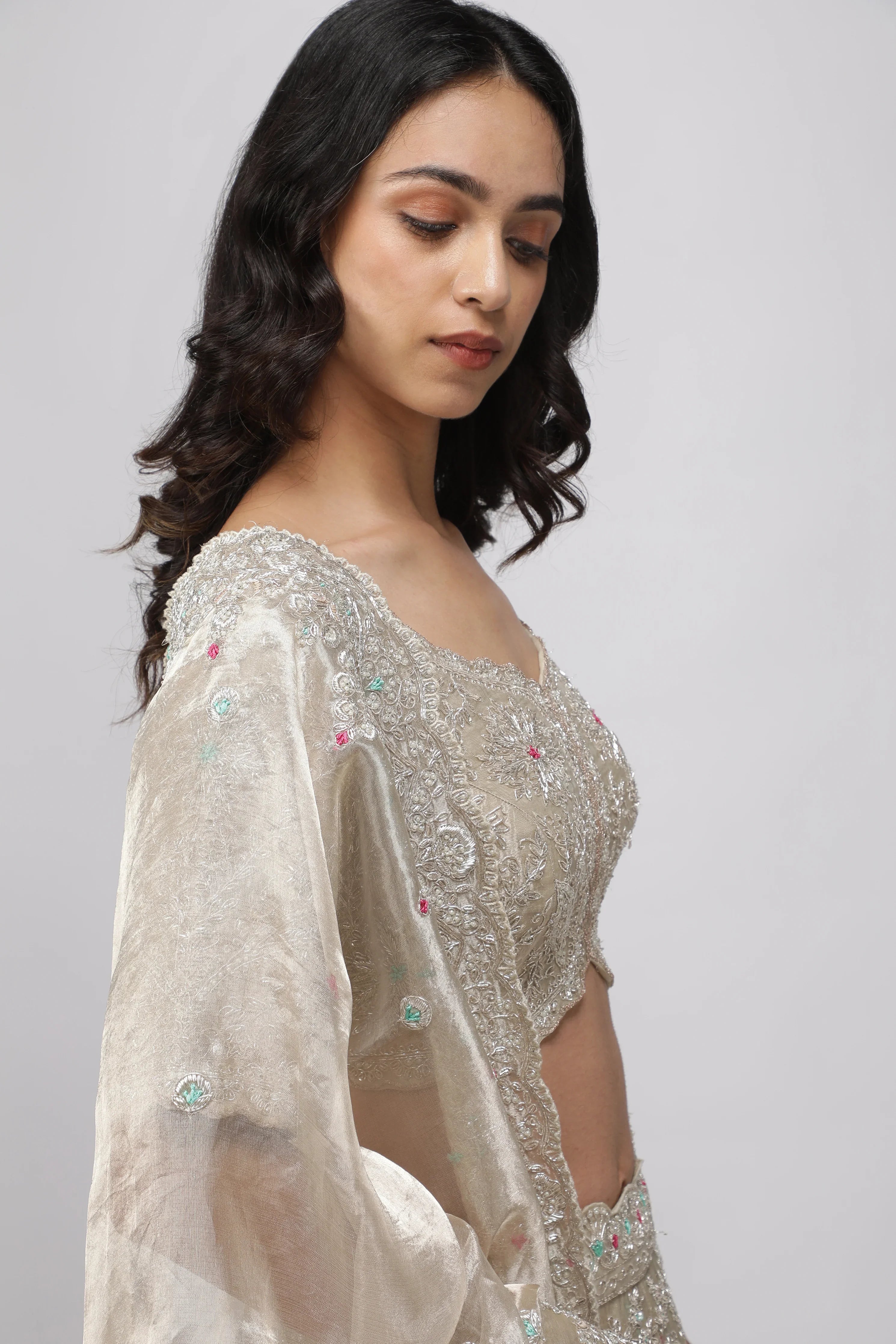Gold Tissue Organza Embroidered Lehenga Set - Mokshaa