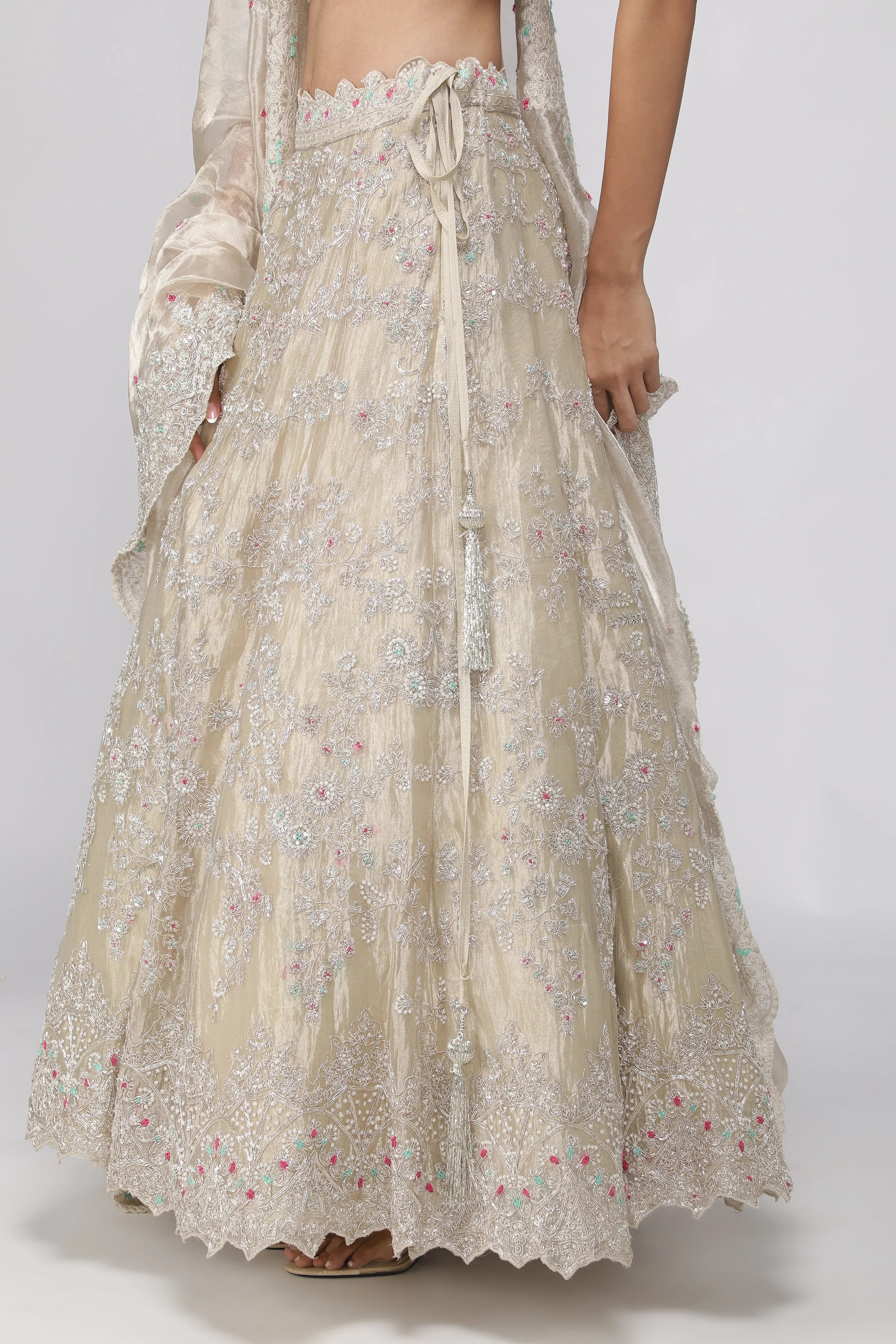 Gold Tissue Organza Embroidered Lehenga Set - Mokshaa