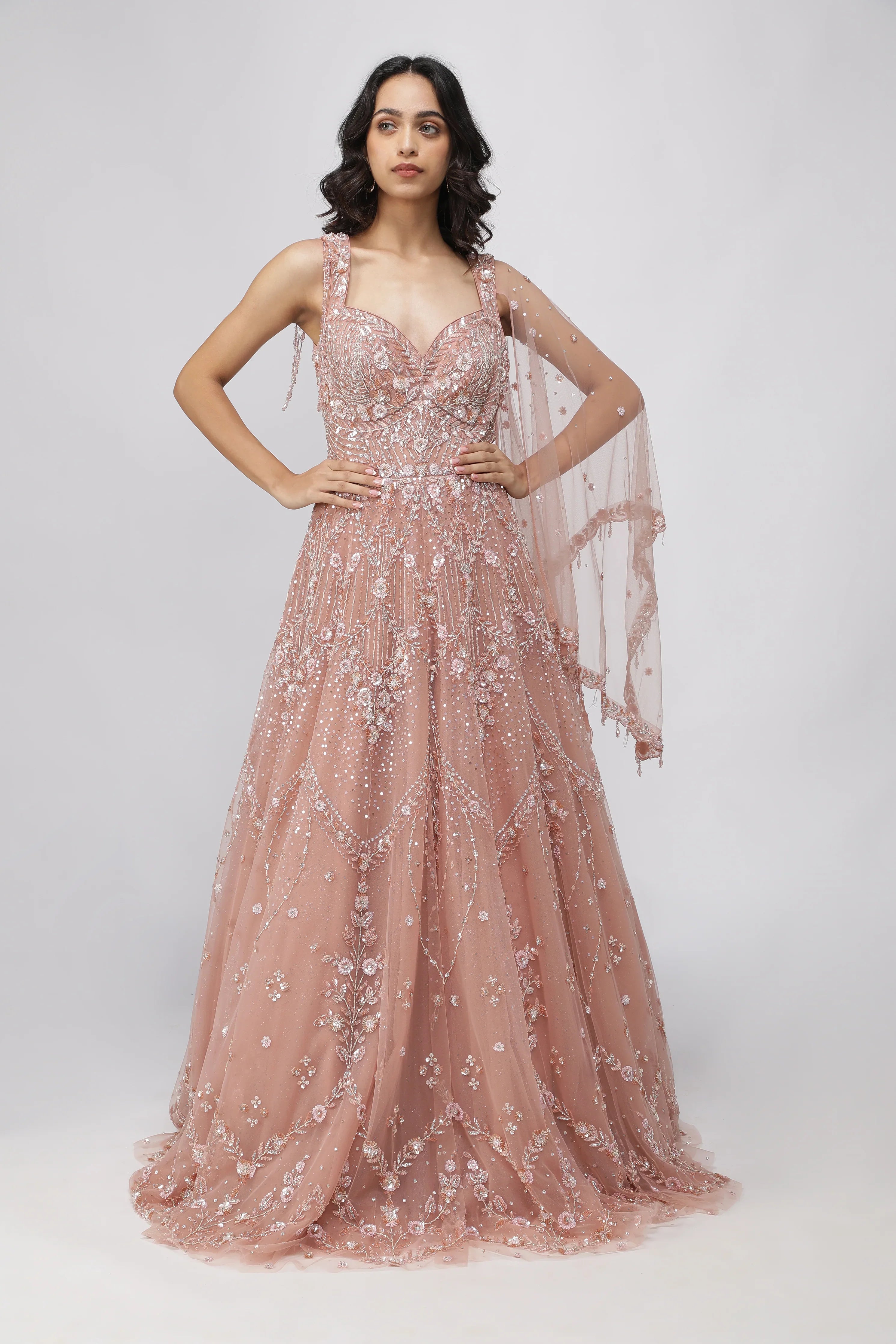 Peach Net Gown with Sequins, Cutdana & Pearl Embroidery - Mokshaa
