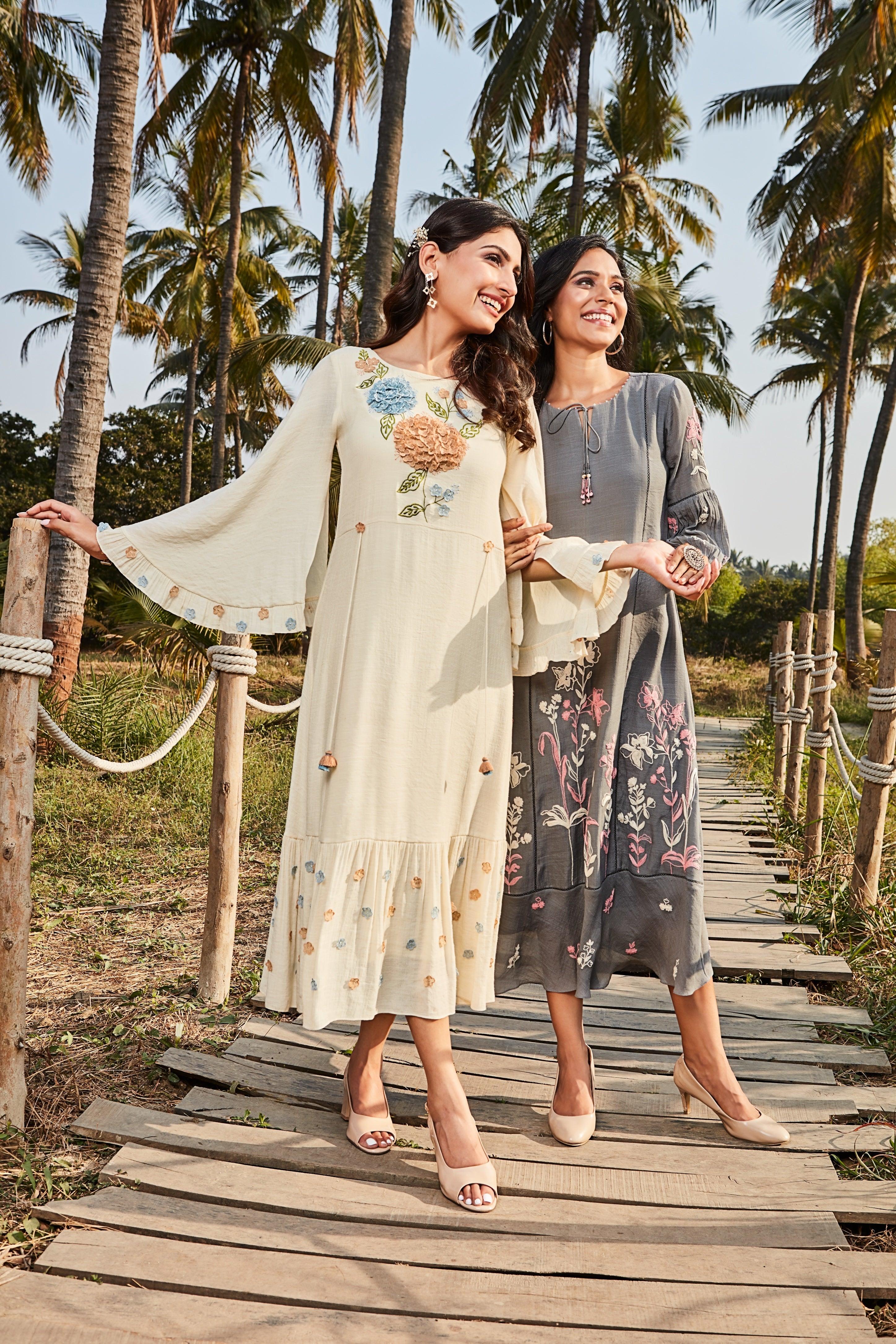 Ivory Soft Cotton Midi Dress with 3D Floral Embroidery - Mokshaa