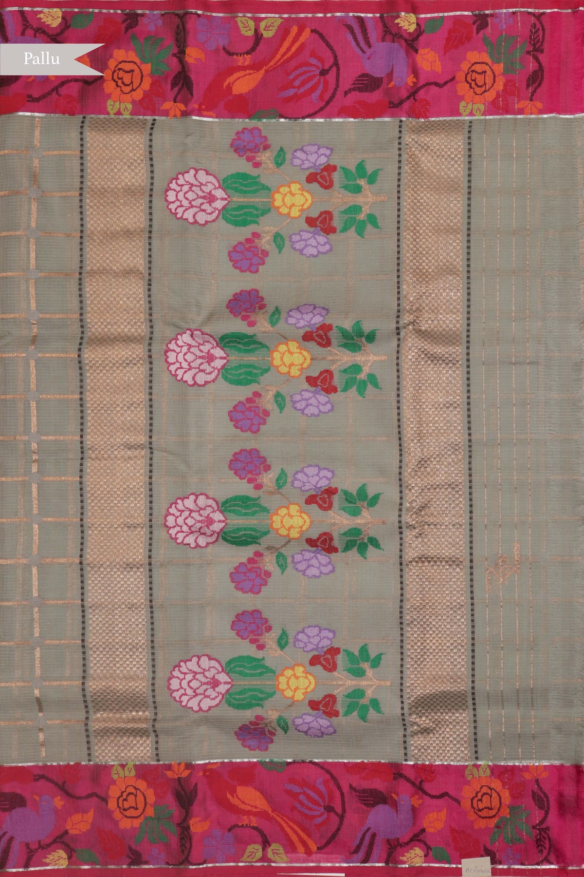 Grey-Green Zari Kota Saree with Jamdani Border - Mokshaa