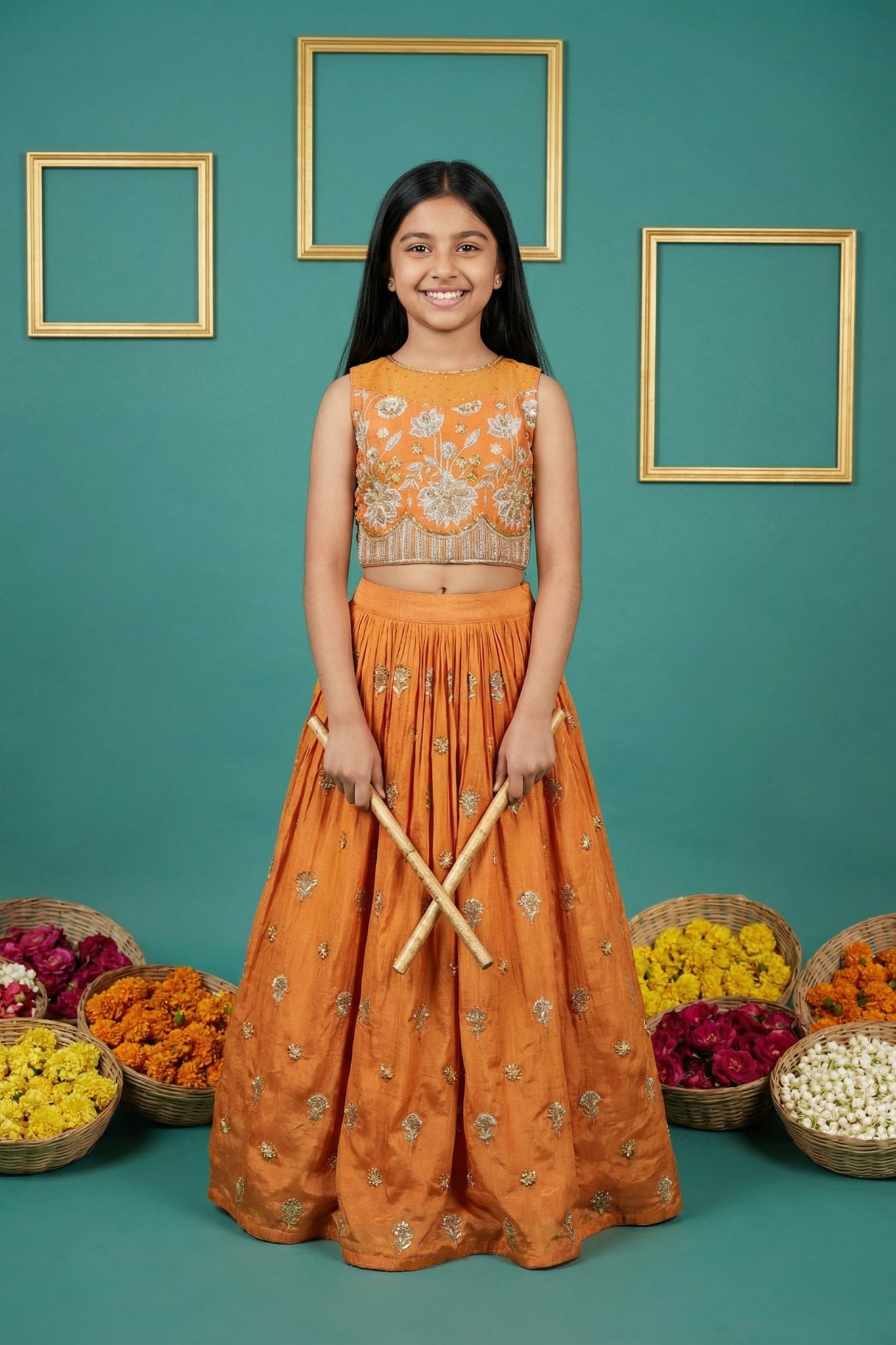 Rust Orange Tissue Silk Embroidered Lehenga Set for Girls - Mokshaa