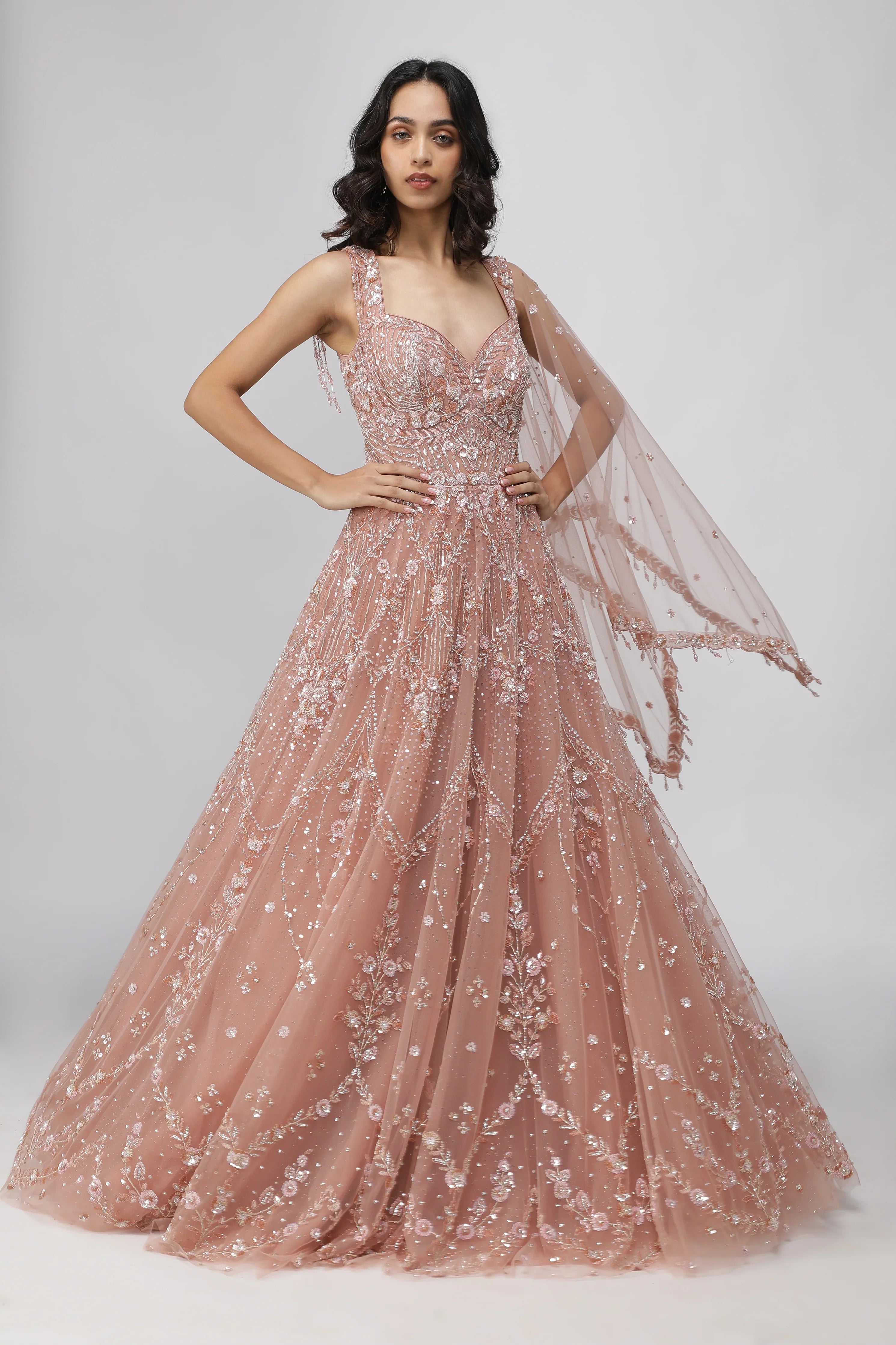 Peach Net Gown with Sequins, Cutdana & Pearl Embroidery - Mokshaa