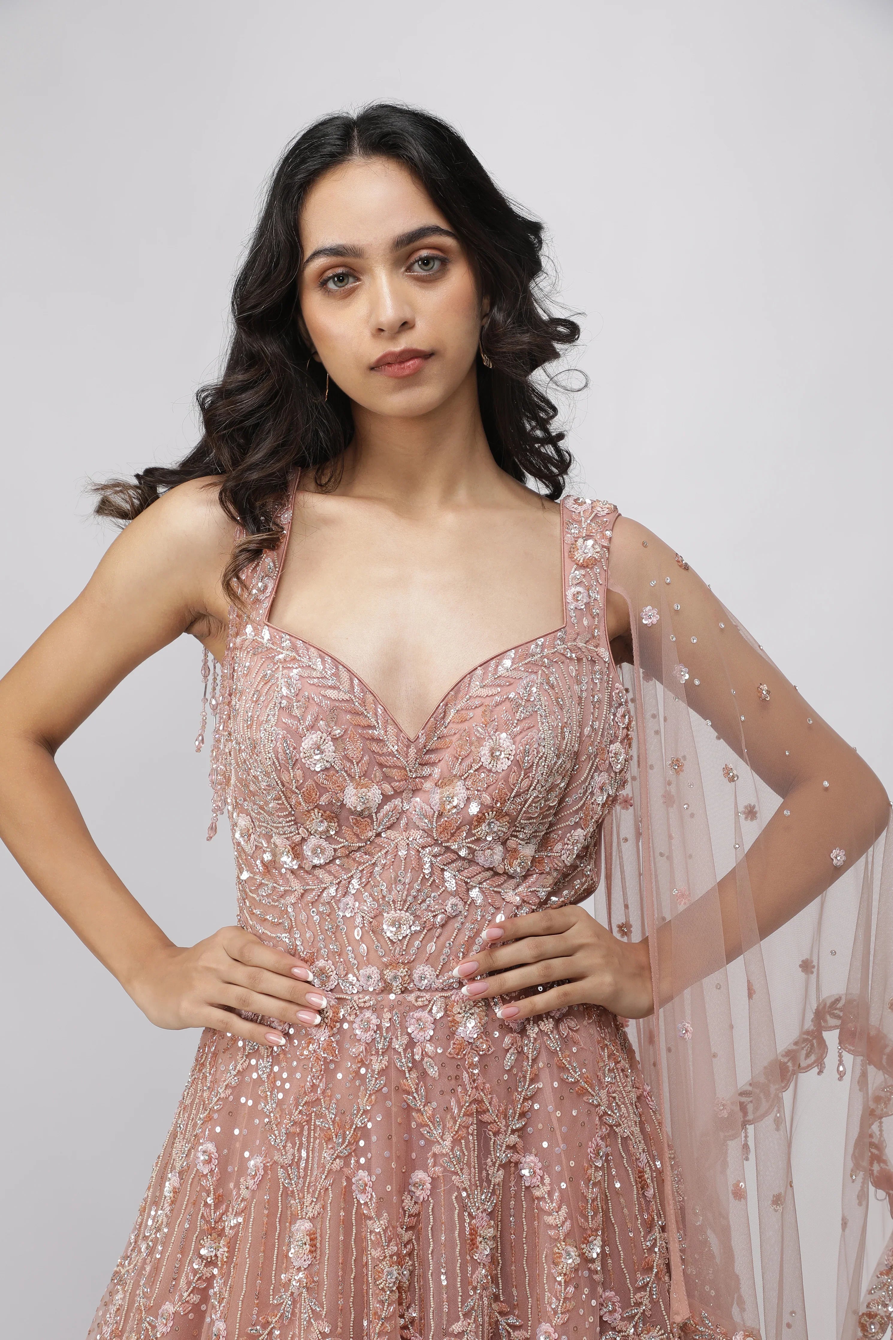 Peach Net Gown with Sequins, Cutdana & Pearl Embroidery - Mokshaa