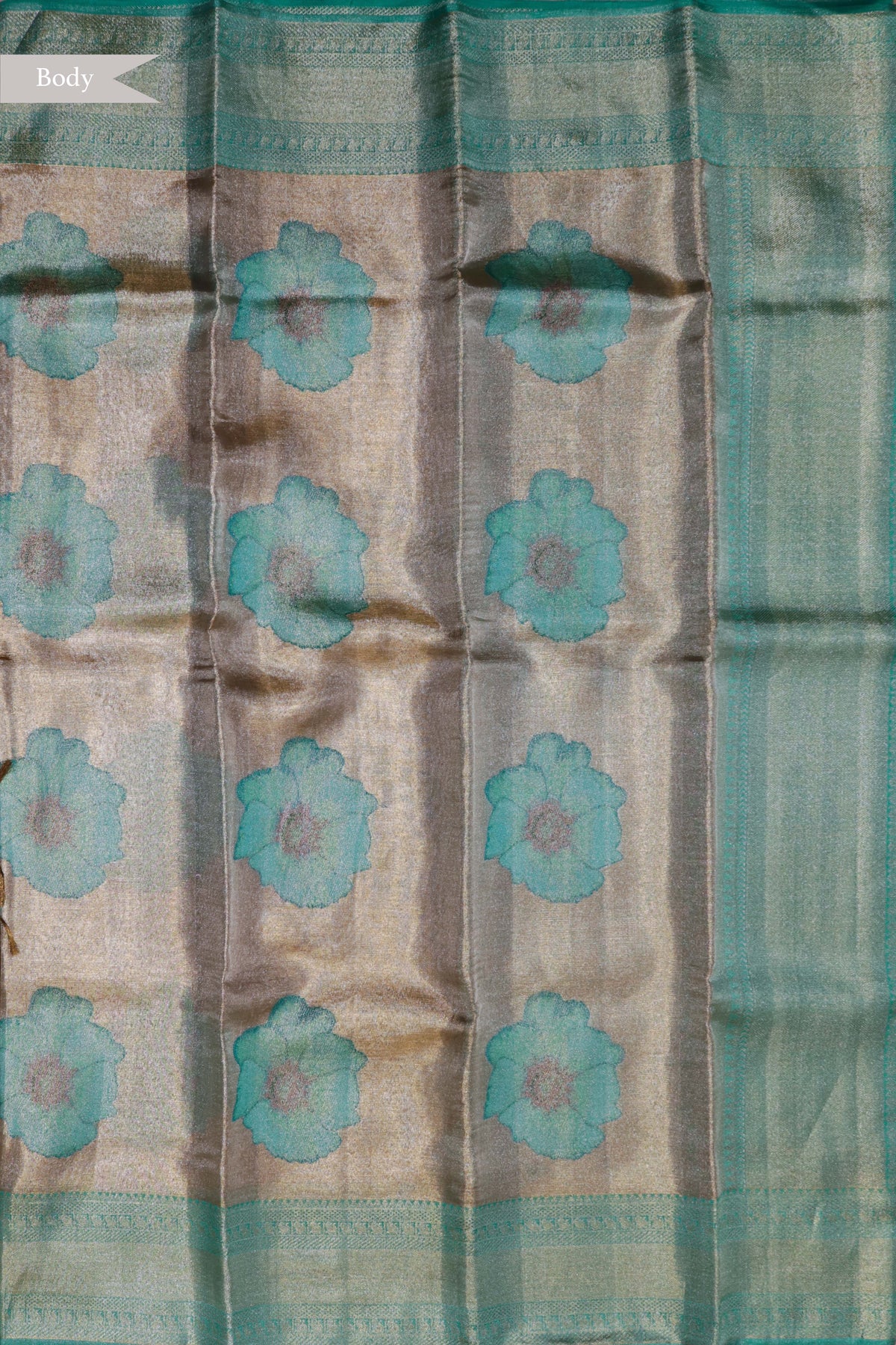 Silver Tissue Silk Saree with Aqua Floral Weaving - Mokshaa