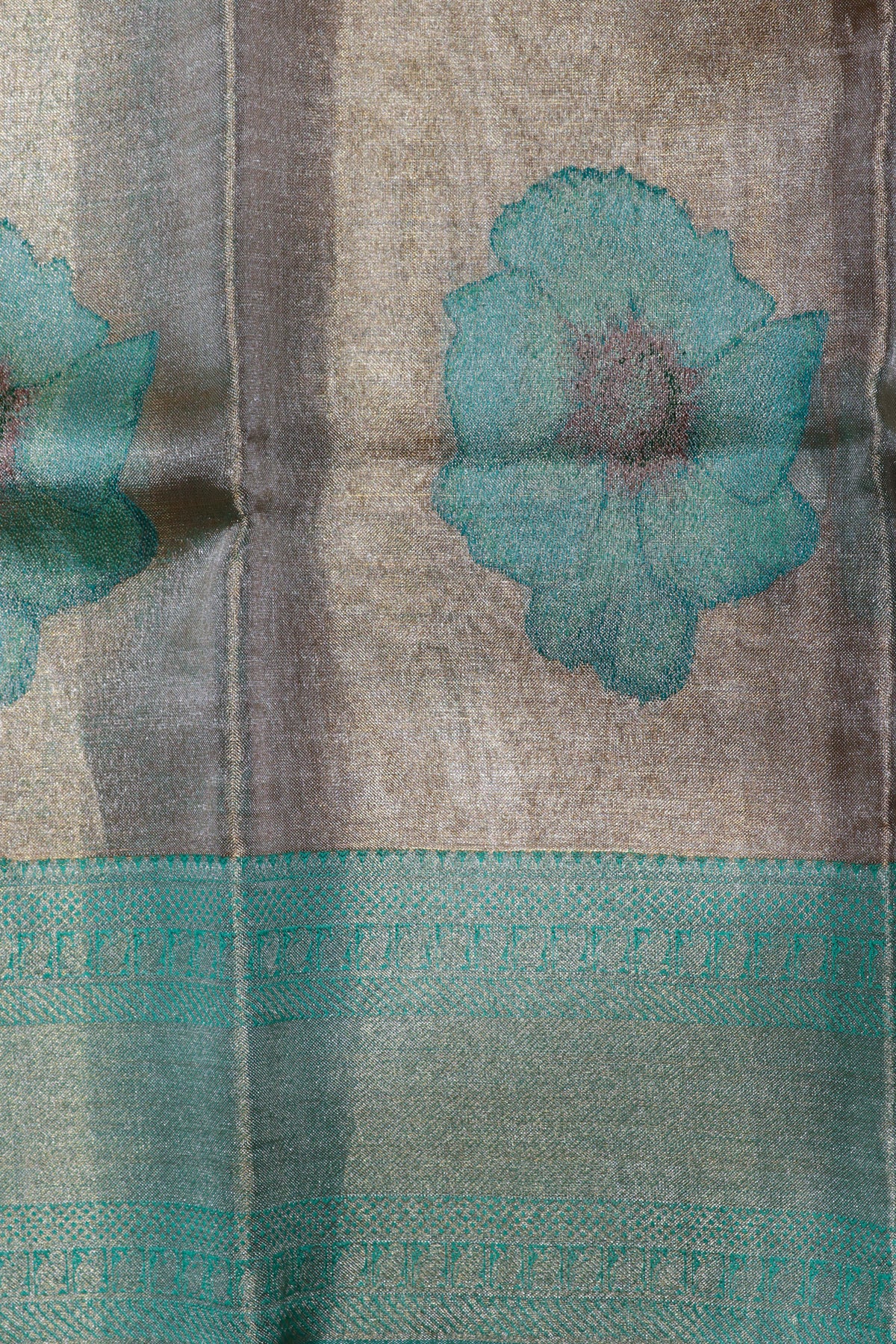 Silver Tissue Silk Saree with Aqua Floral Weaving - Mokshaa