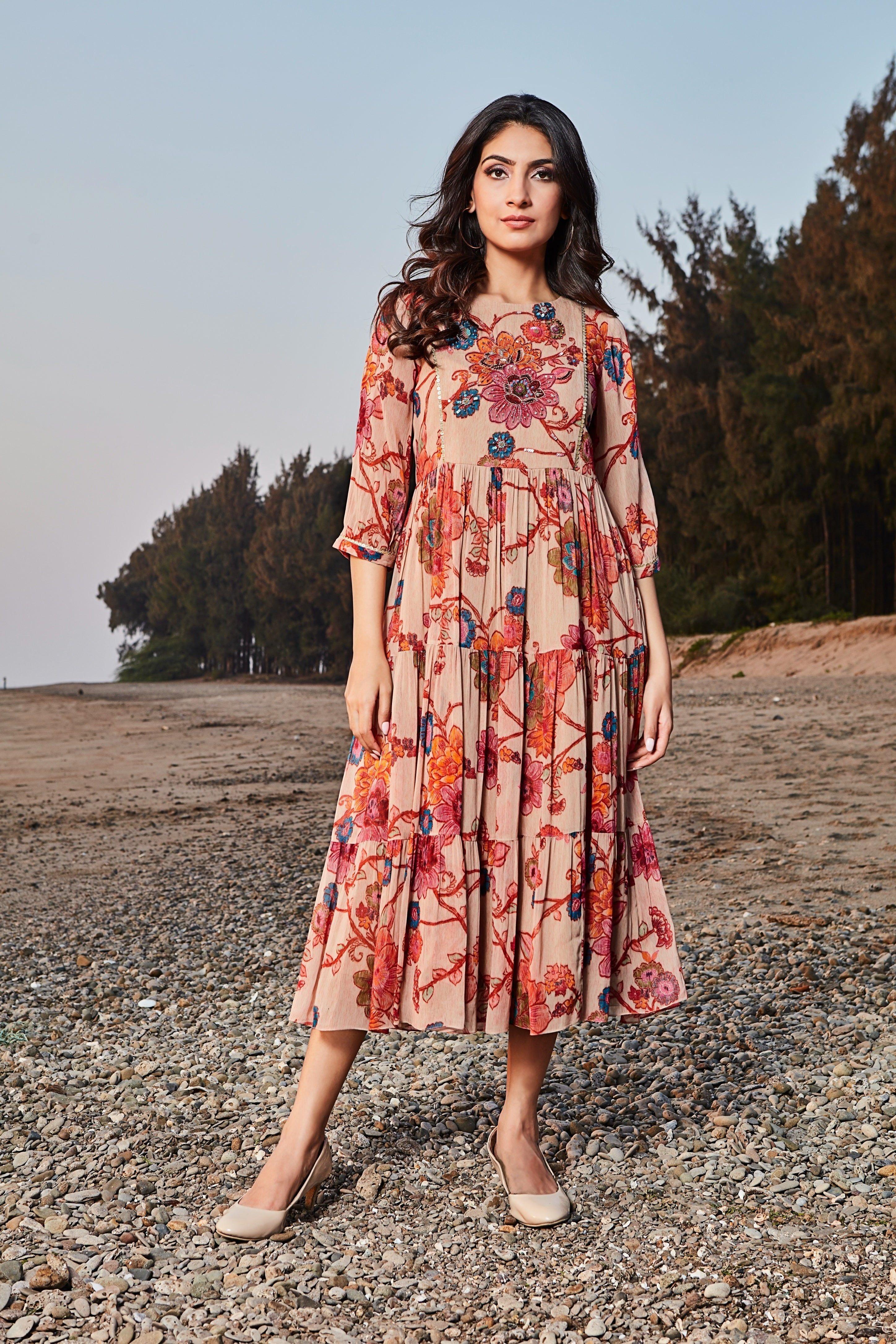 Beige Multicolor Floral Printed Dress with Gathers - Mokshaa