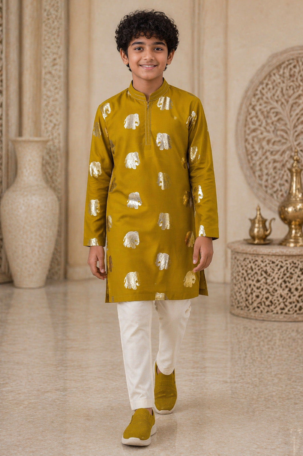 Gold Yellow Foil Elephant Print Kurta & Pyjama Set for Boys