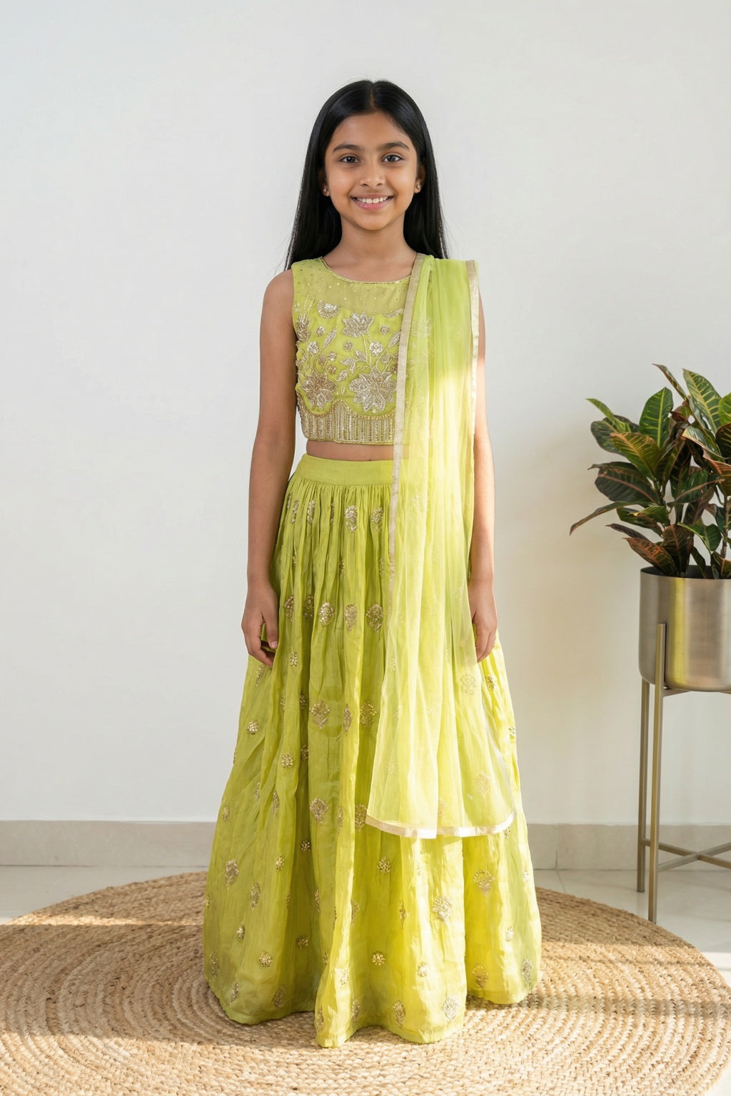 Lime Green Tissue Silk Embroidered Lehenga Set for Girls - Mokshaa