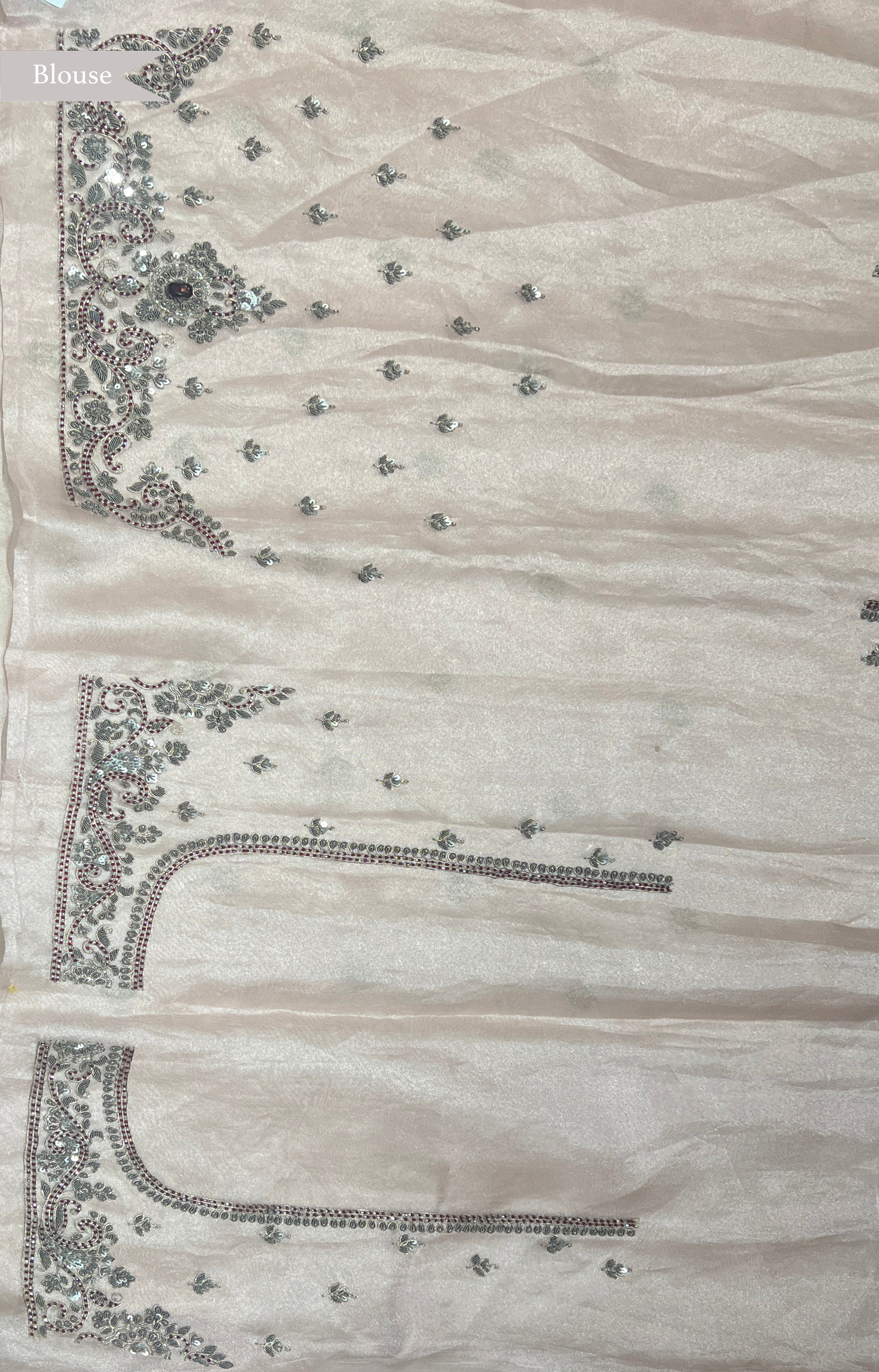Peach Tissue Organza Saree with Antique Zardosi Work and Bead Highlights