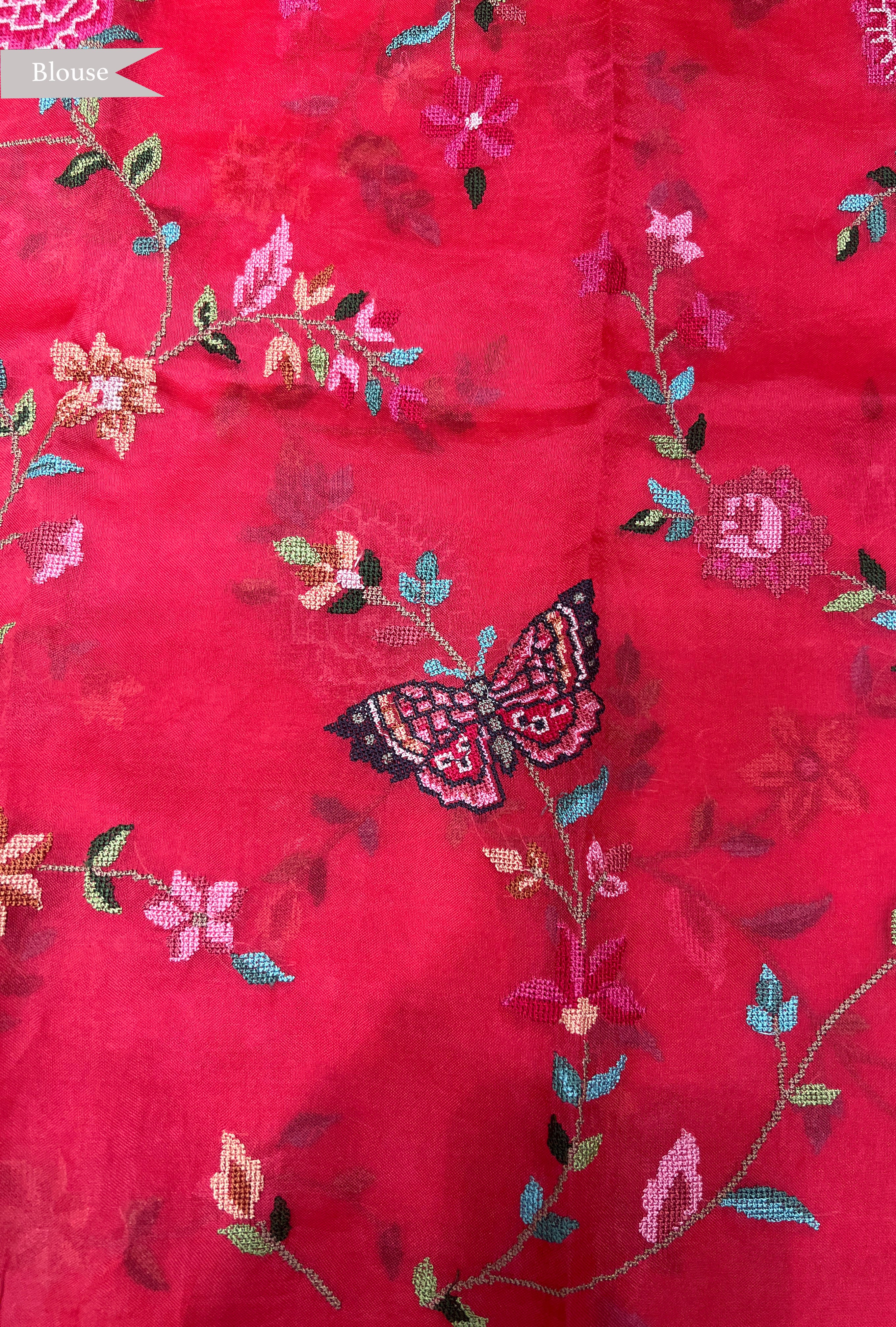 Red Organza Saree with Floral and Butterfly Embroidered Tissue Border