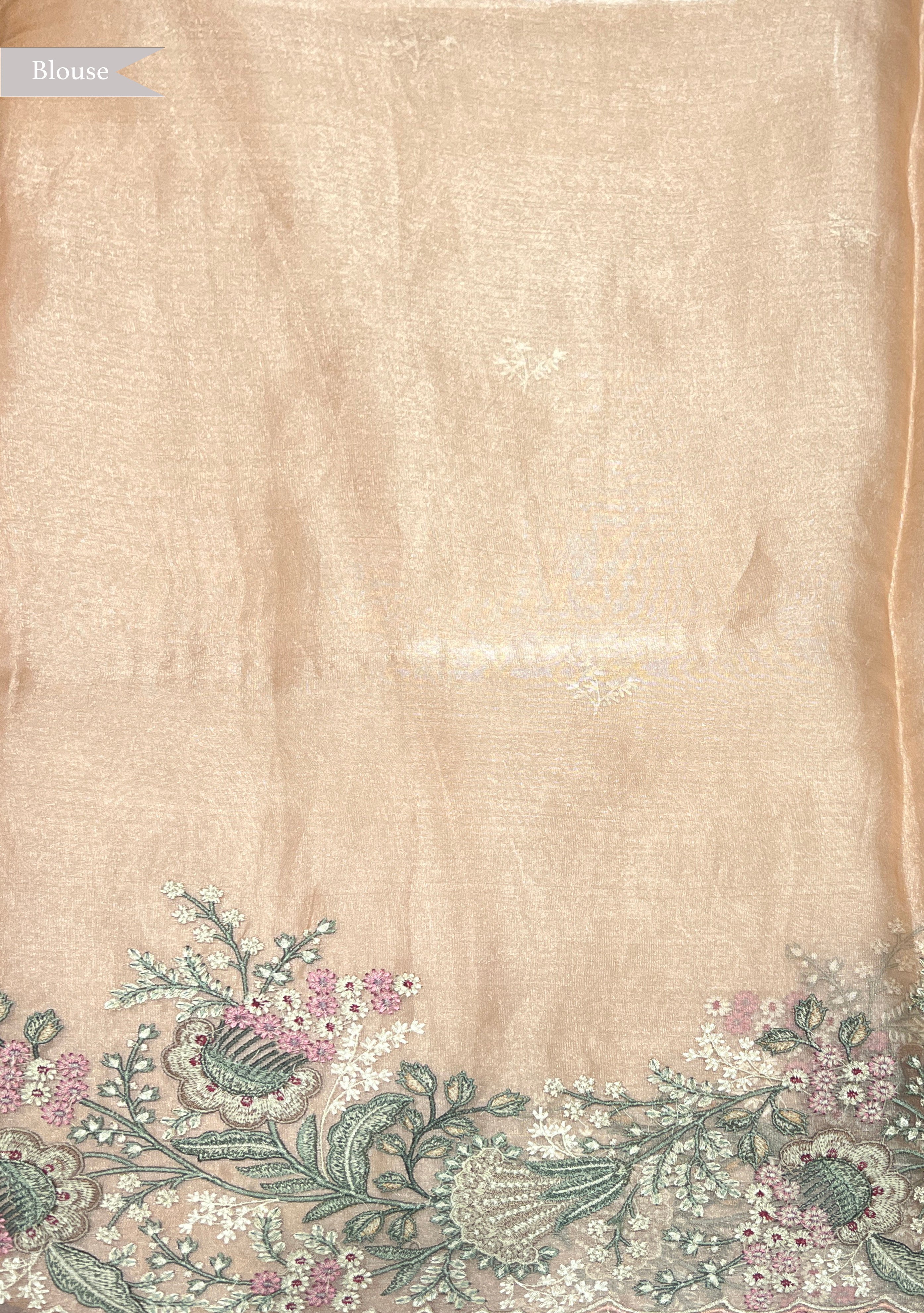 Peach Tissue Kora Saree with Floral Thread Embroidery - Mokshaa
