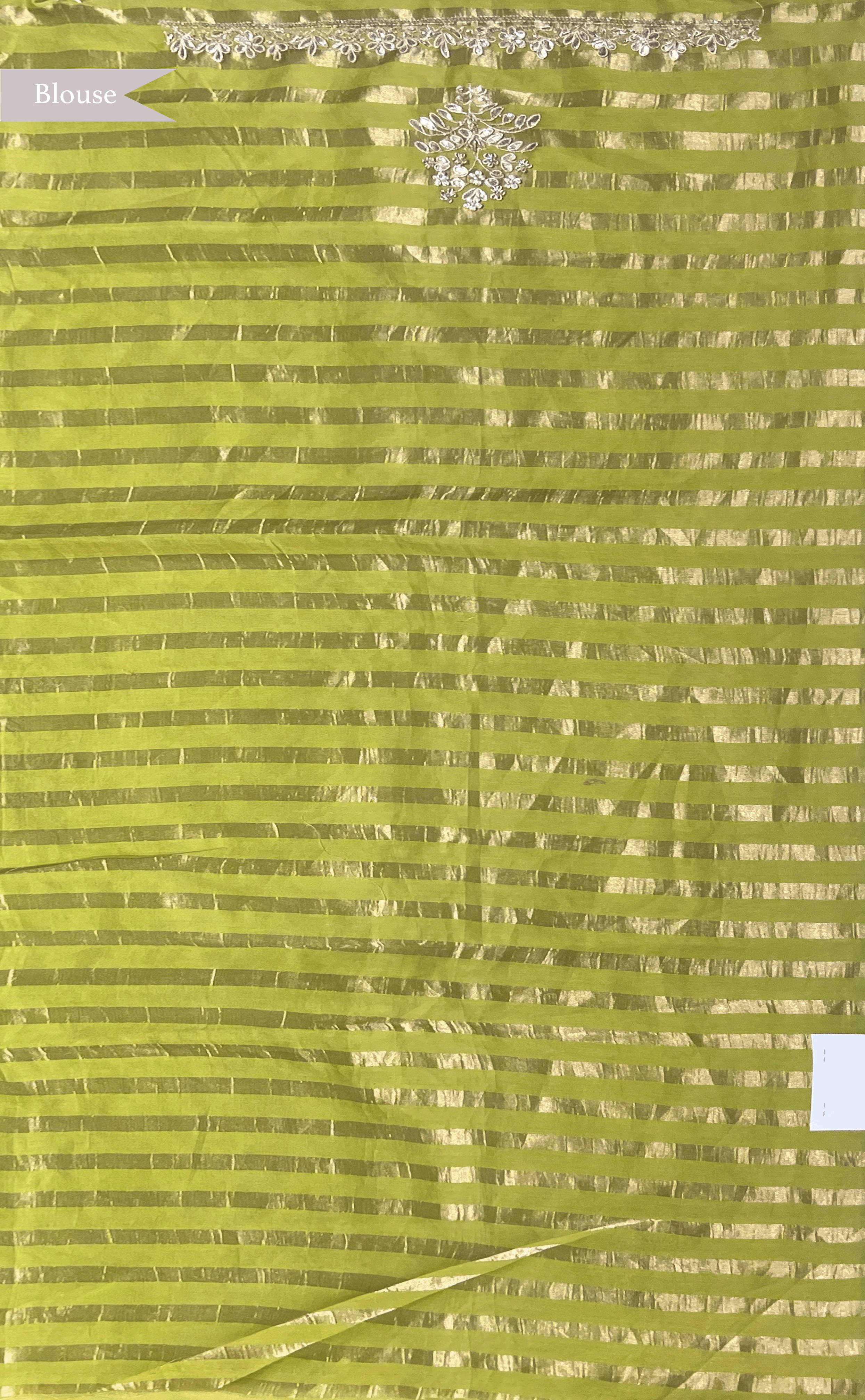 Green Organza Saree with Gota Work Motifs and Self Stripe Blouse