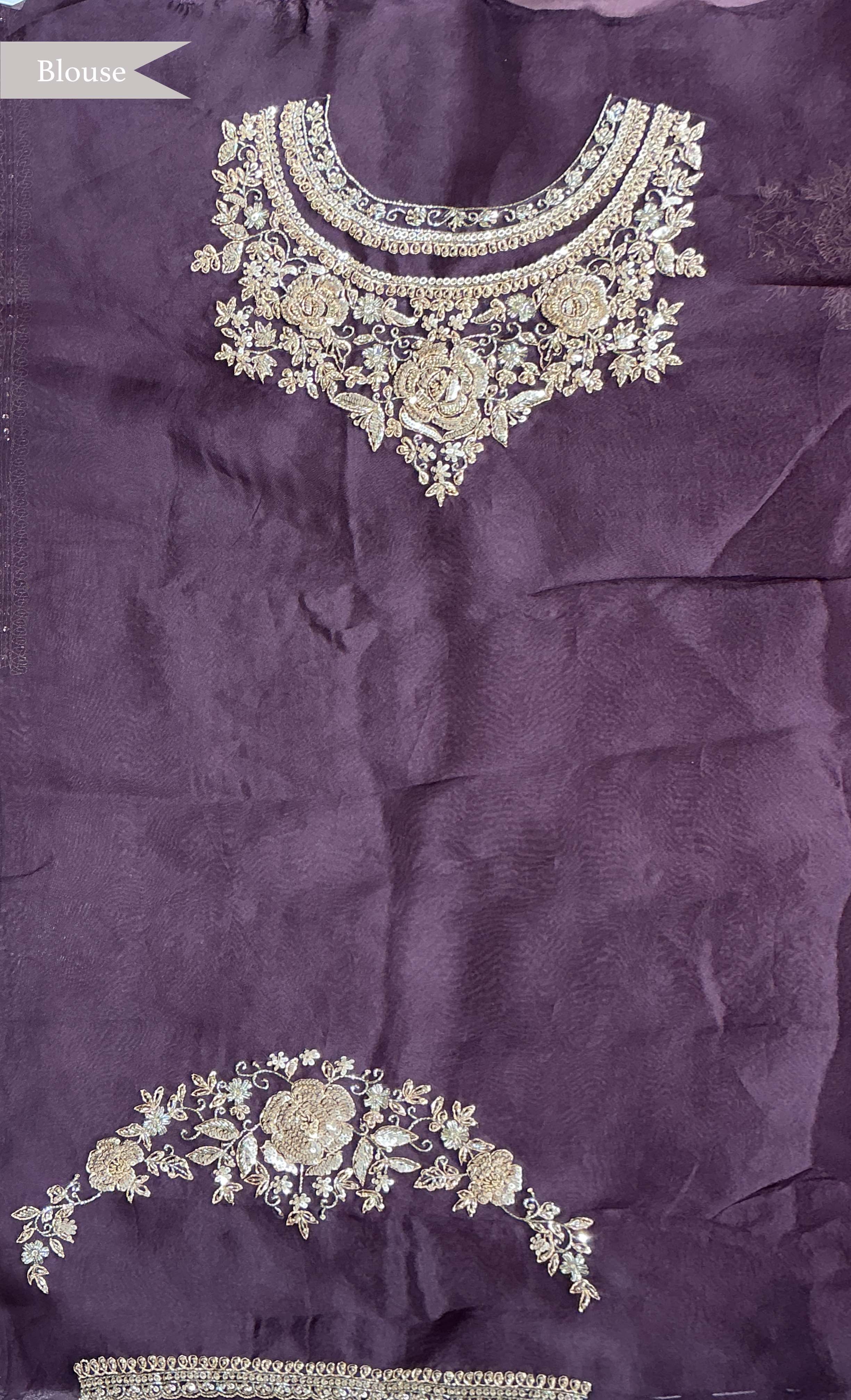 Wine Organza Saree with Embroidered Motifs