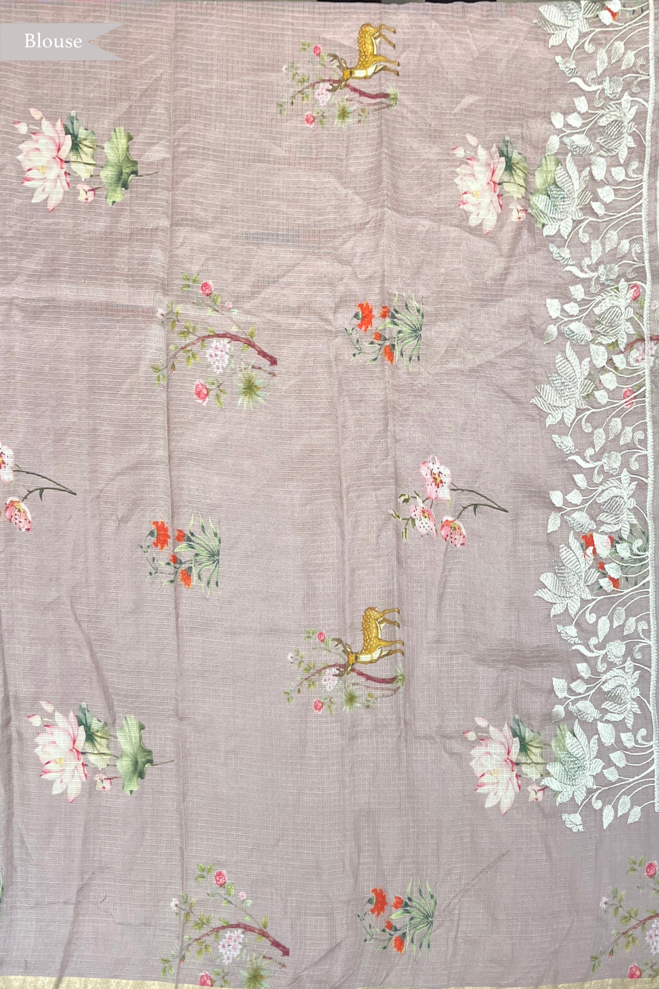 Light Purple Silk Kota Saree with Embroidered Border and Printed Motifs