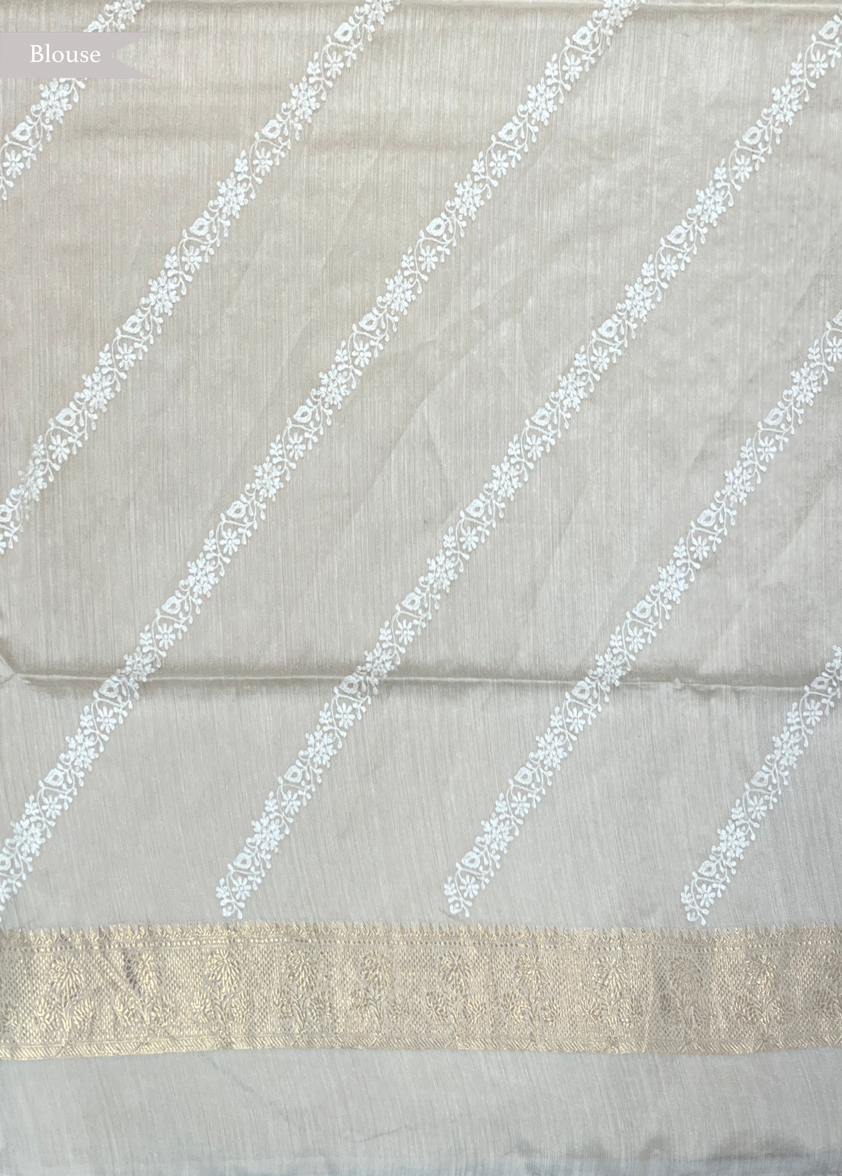 Yellow Linen Tussar Saree with Thread Motifs and Zari Border with Contrast Blouse